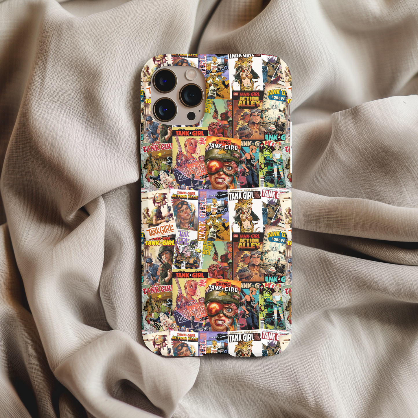 Tank Girl Phone Case featuring a collage of vibrant comic book covers with retro and punk art style designs.