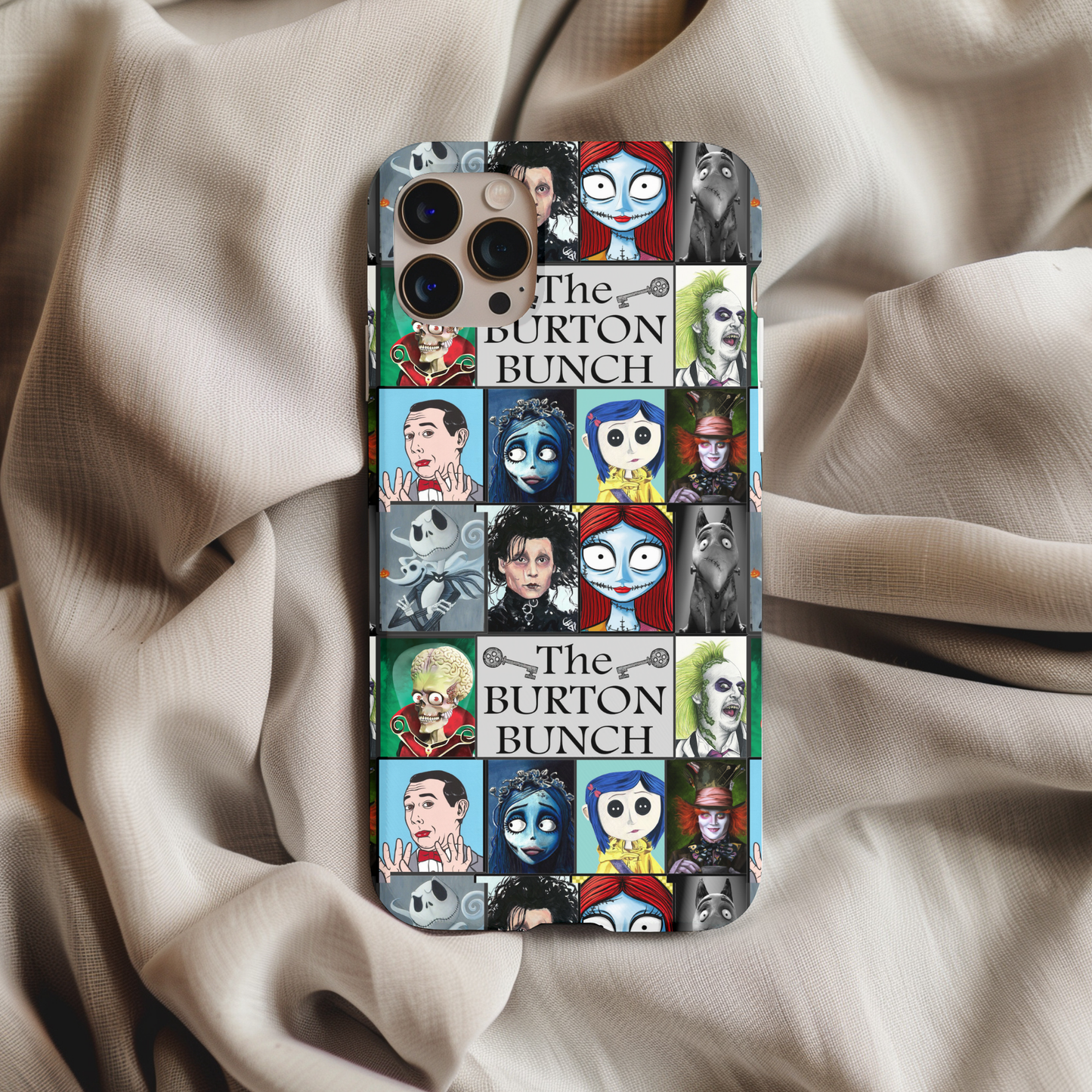 The Burton Bunch Phone Case featuring colorful collage of iconic animated characters on a smartphone cover.