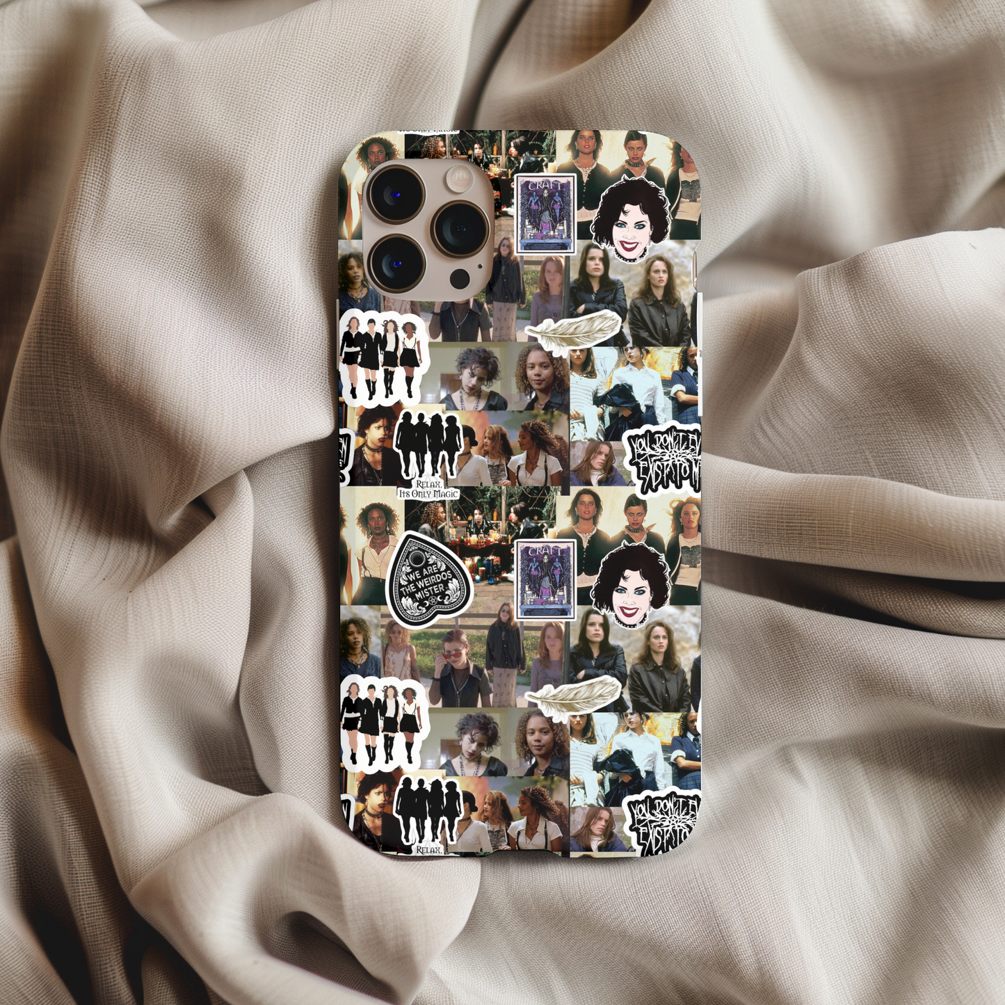 The Craft Collage Phone Case featuring a stylish eclectic design with vintage photo cutouts on a soft fabric background.
