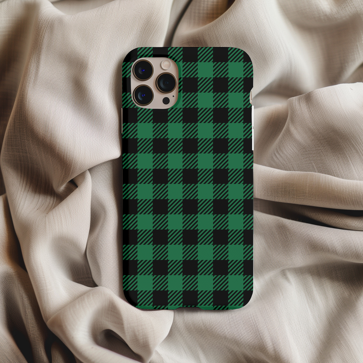 Green Buffalo Plaid Phone Case featuring a classic green and black checkered pattern on a smartphone cover.