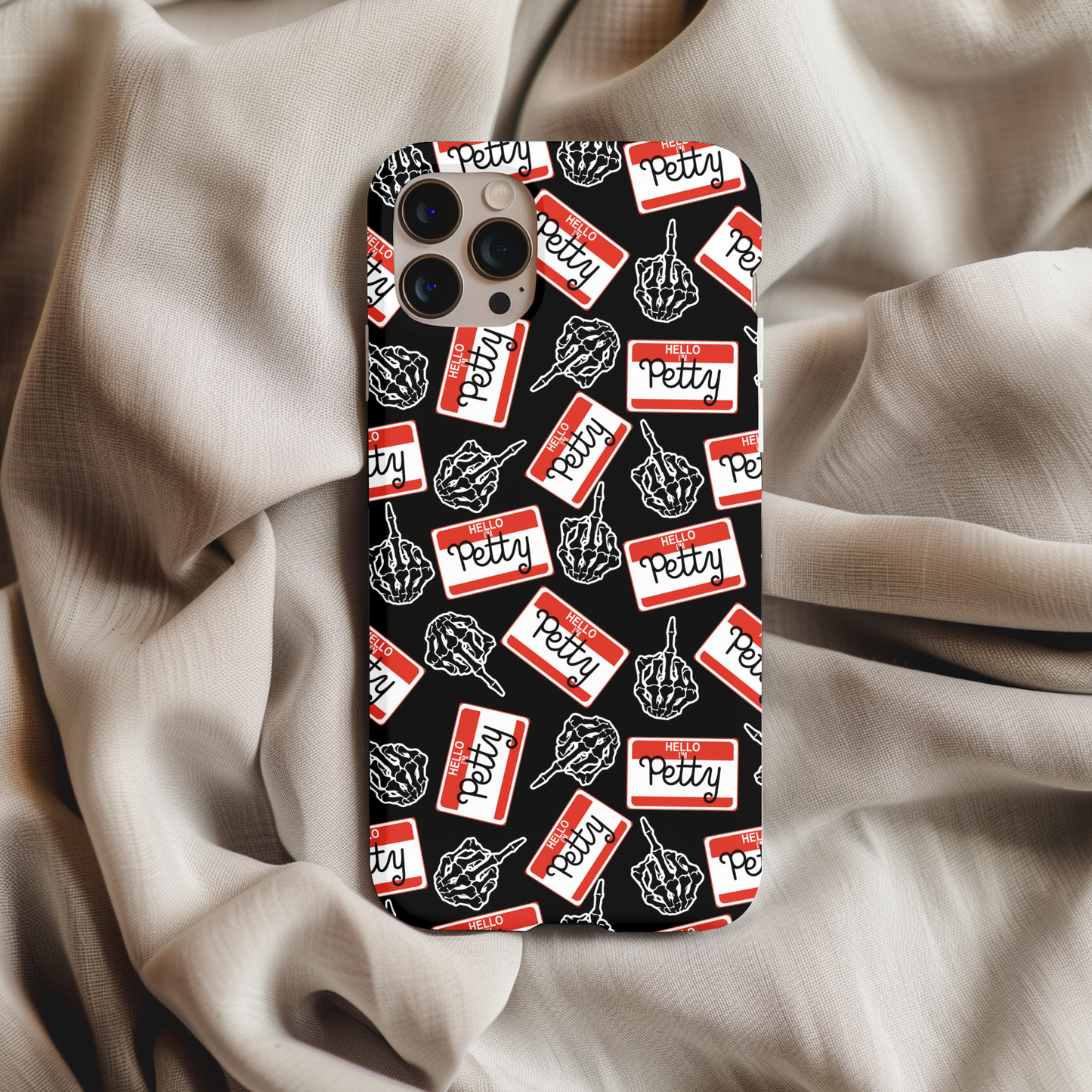 Petty AF Phone Case featuring bold middle finger and name tag pattern in black, white, and red design on smartphone.