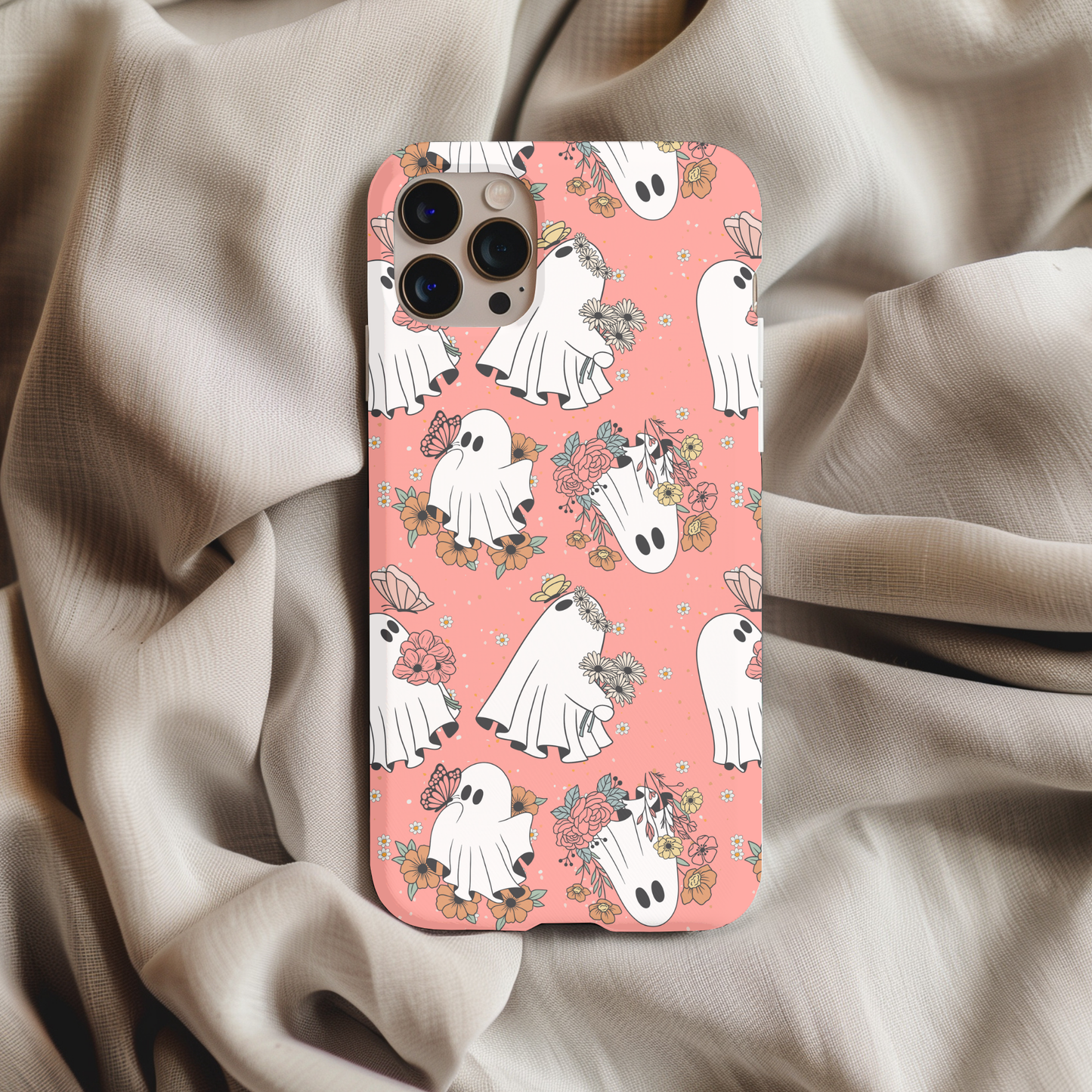 Pink Floral Ghosties Phone Case with cute white ghost illustrations and floral accents on a soft pink background.