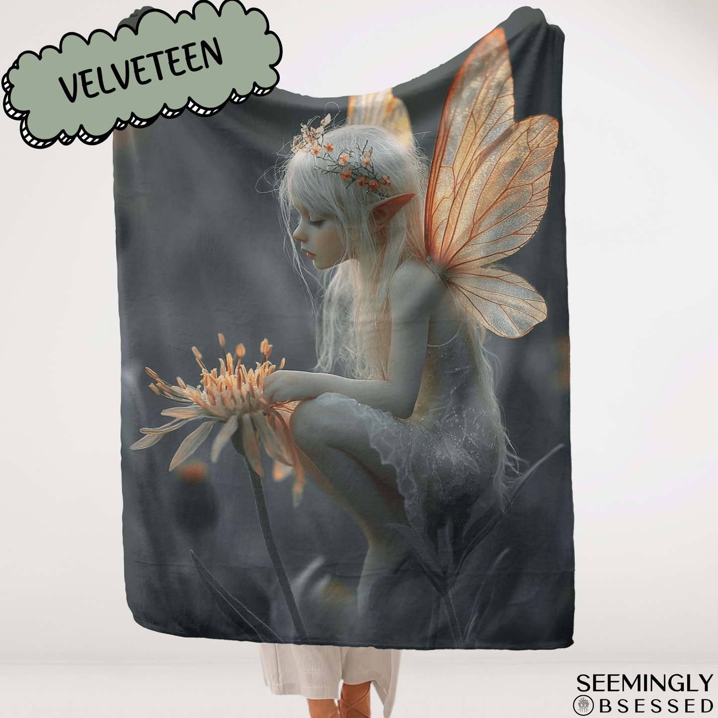 Fantasy Fairy Sitting In A Flower Woven & Sherpa Fleece Blankets