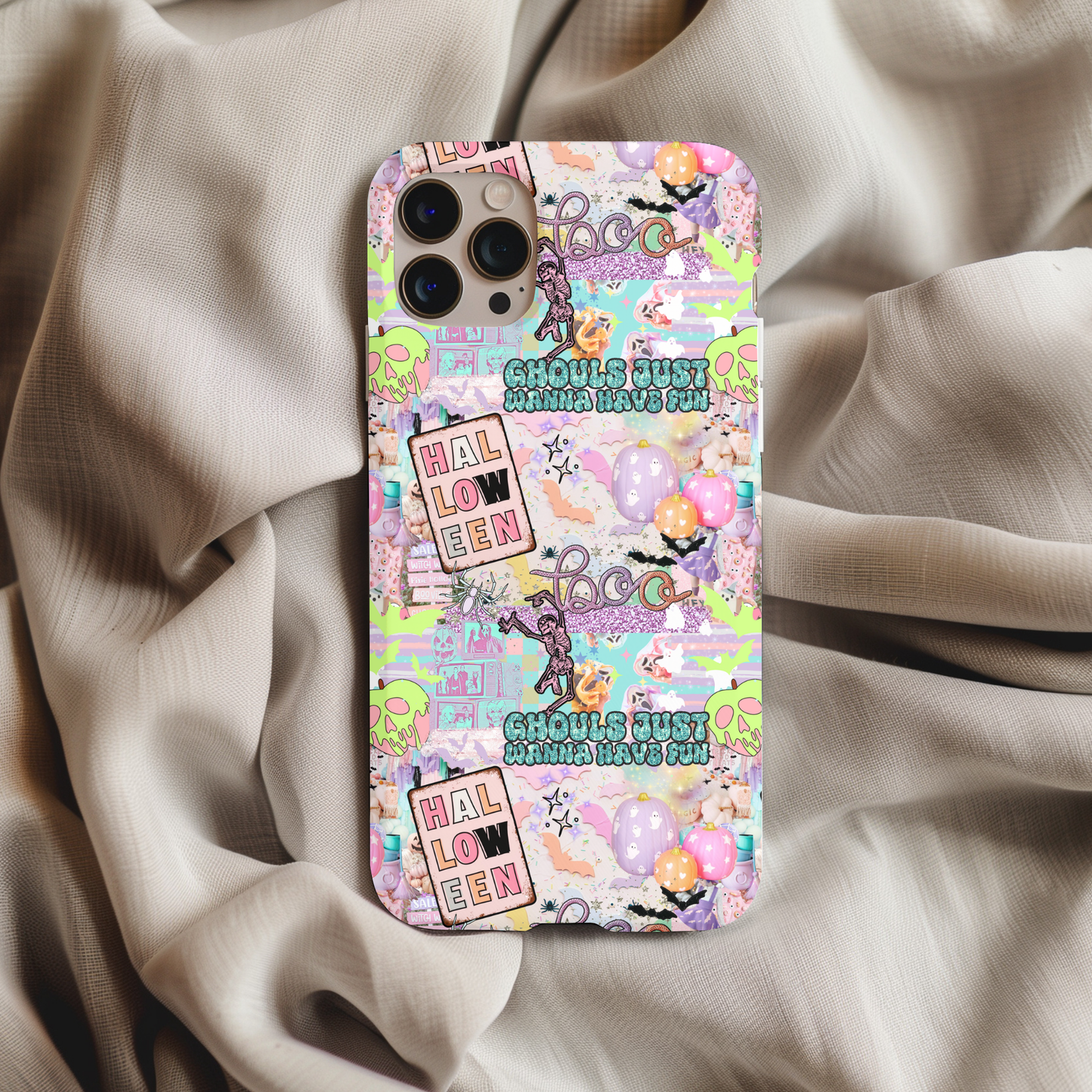 Ghouls Just Want To Have Fun Phone Case with Halloween-themed colorful skulls, bats, and festive design on phone background