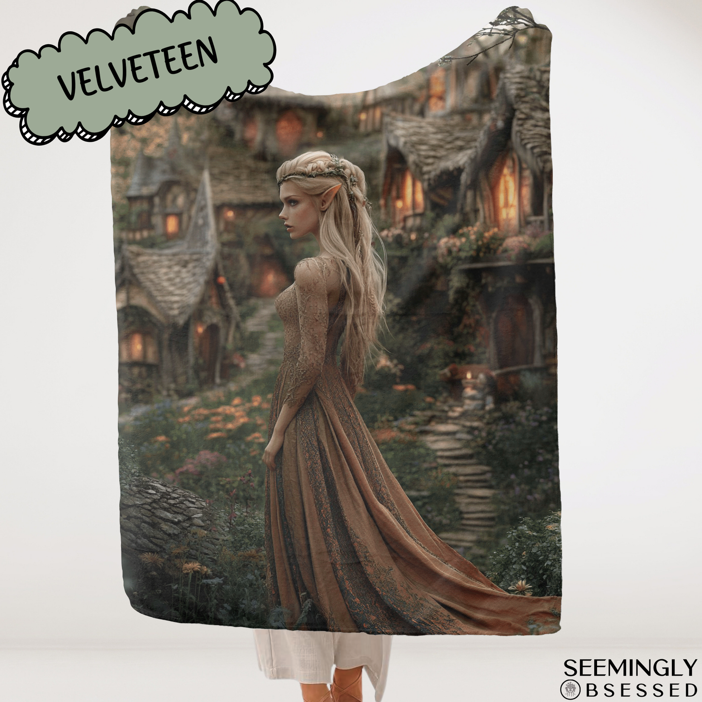 Fantasy Blonde Fairy in Village Woven & Sherpa Fleece Blankets