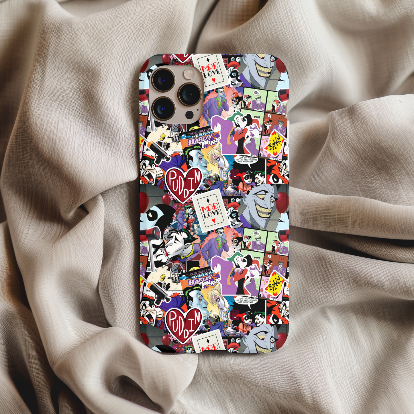 Harley & Joker Phone Case featuring colorful comic-style artwork with various character illustrations and text elements