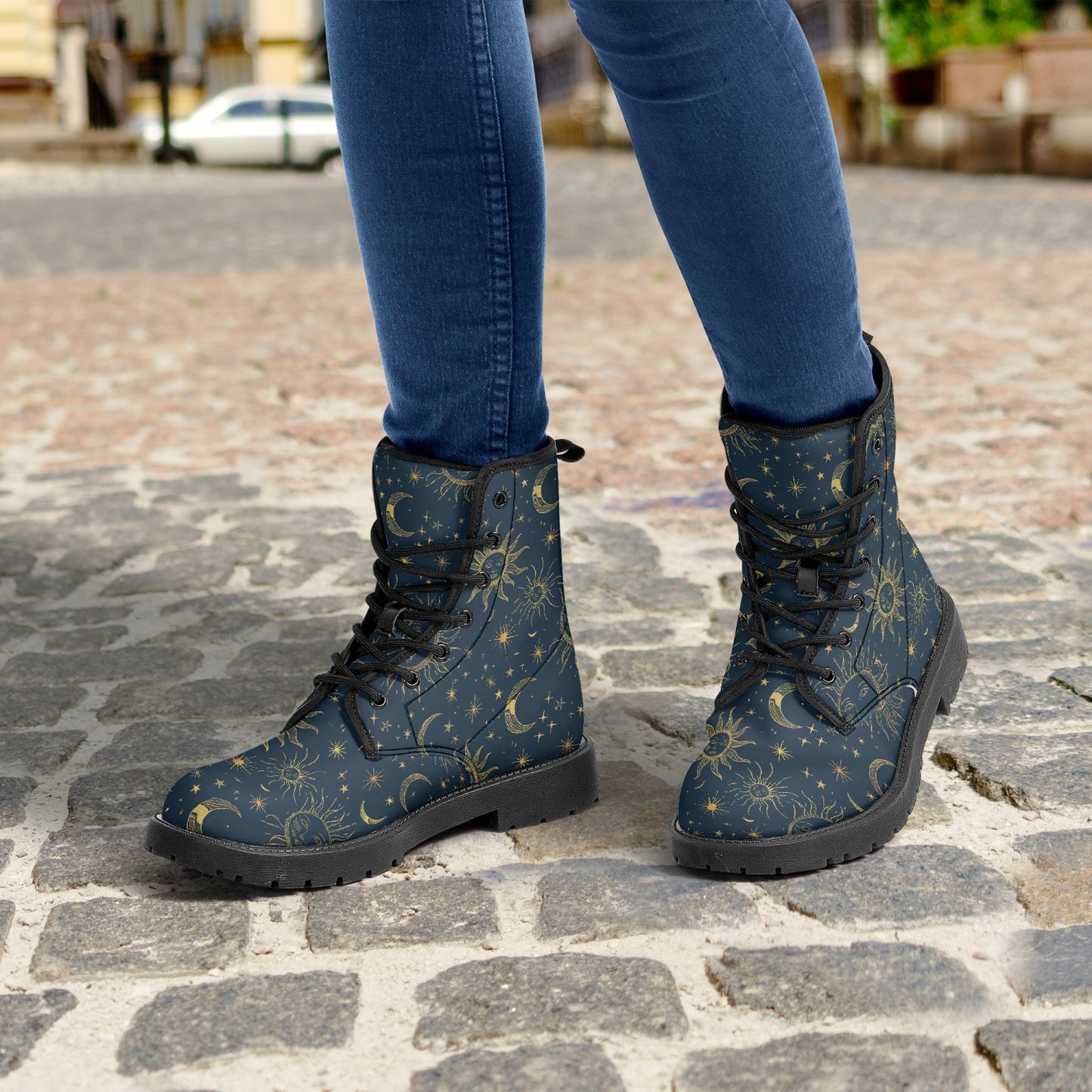 Celestial Sun Moon Leather Combat Boots