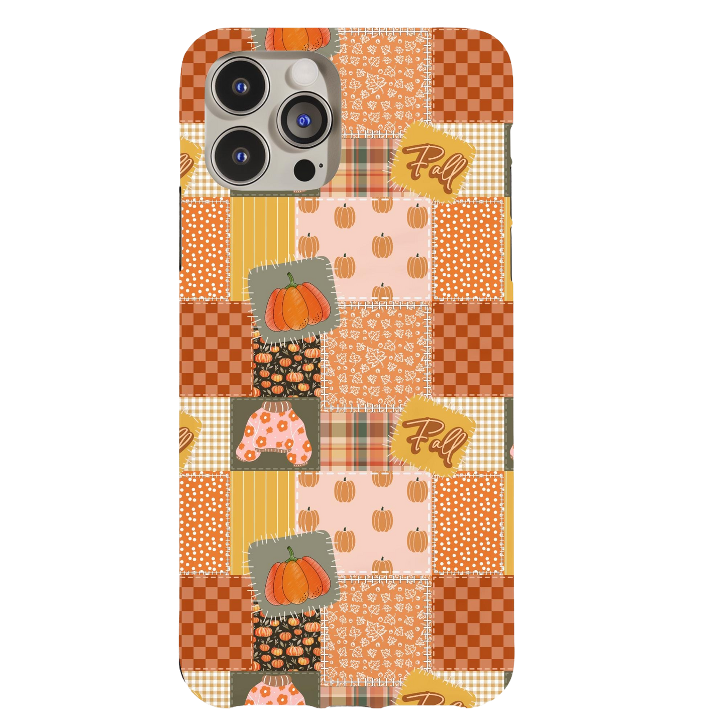 a phone case with a patchwork pattern and pumpkins
