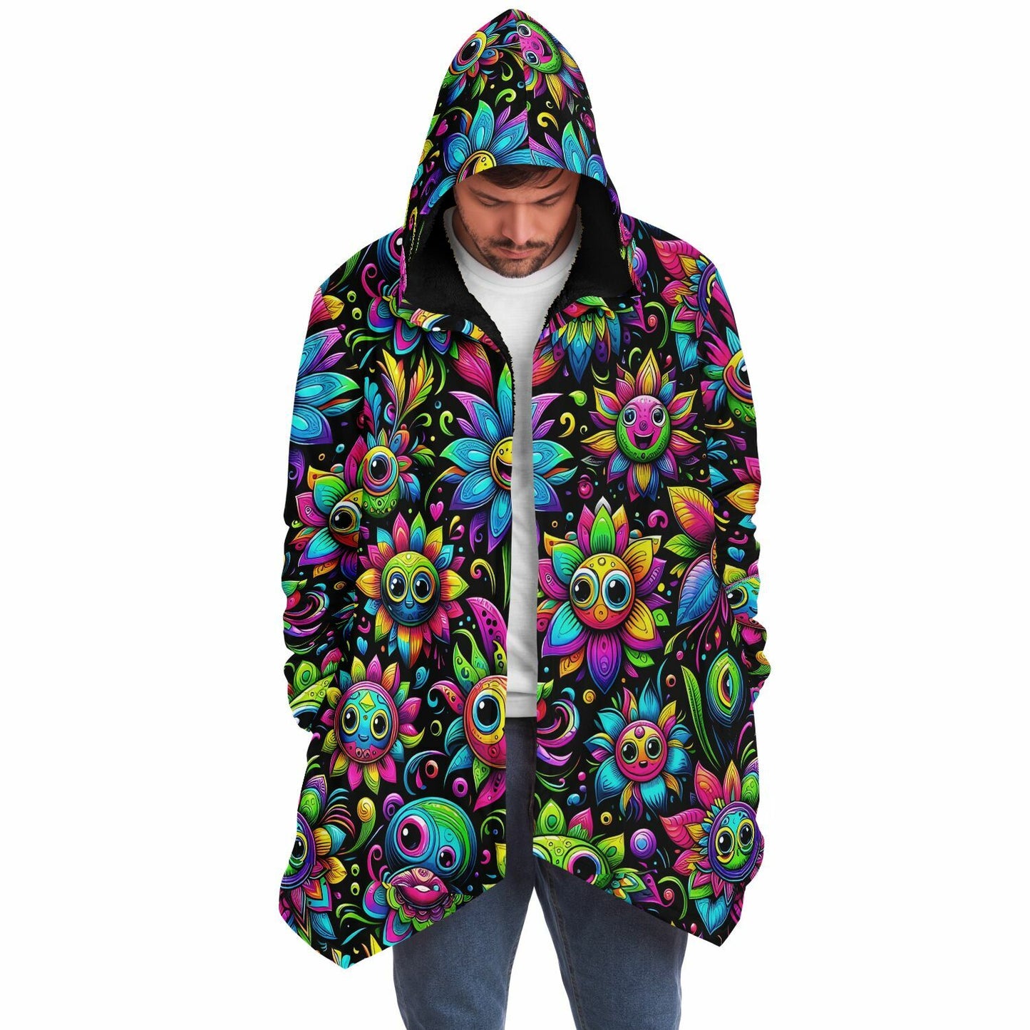 Psychedelic Happy Funny Flowers Fleece Lined Hooded Cloak