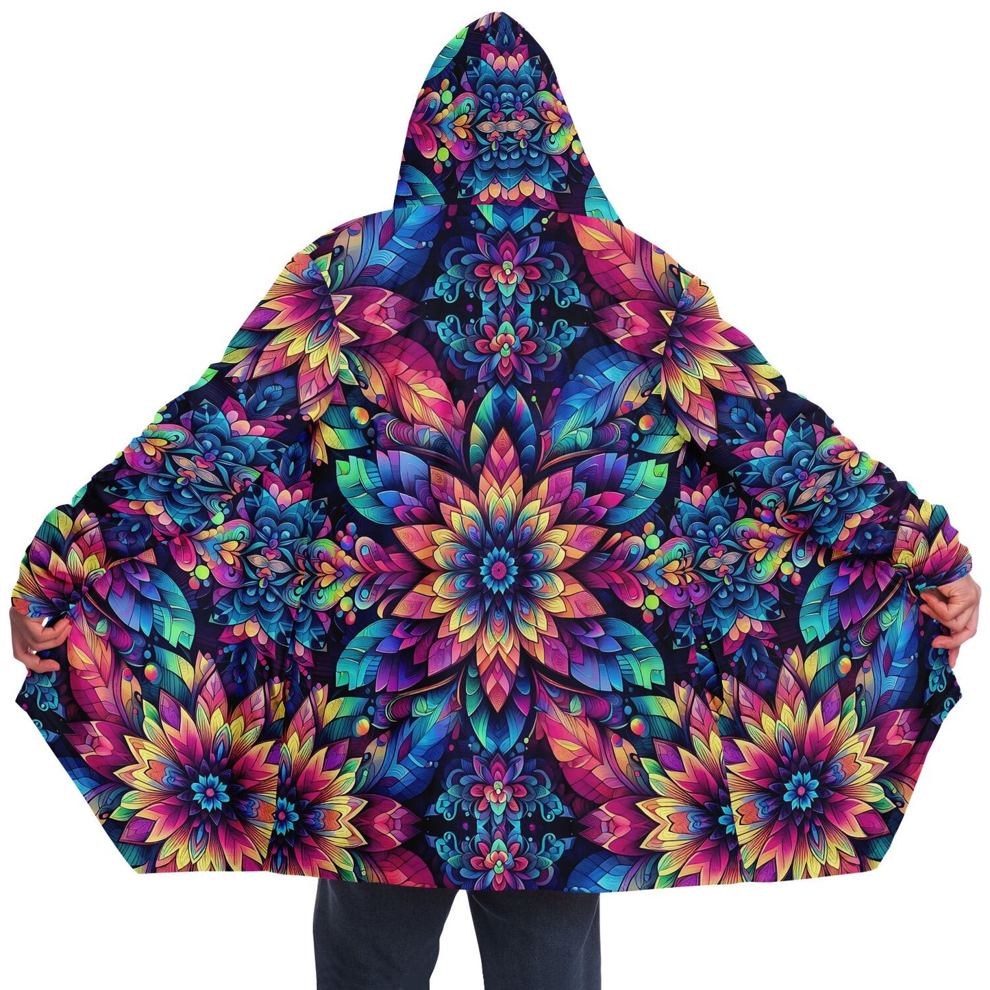 Psychedelic Concentric Floral Fleece Lined Hooded Cloak