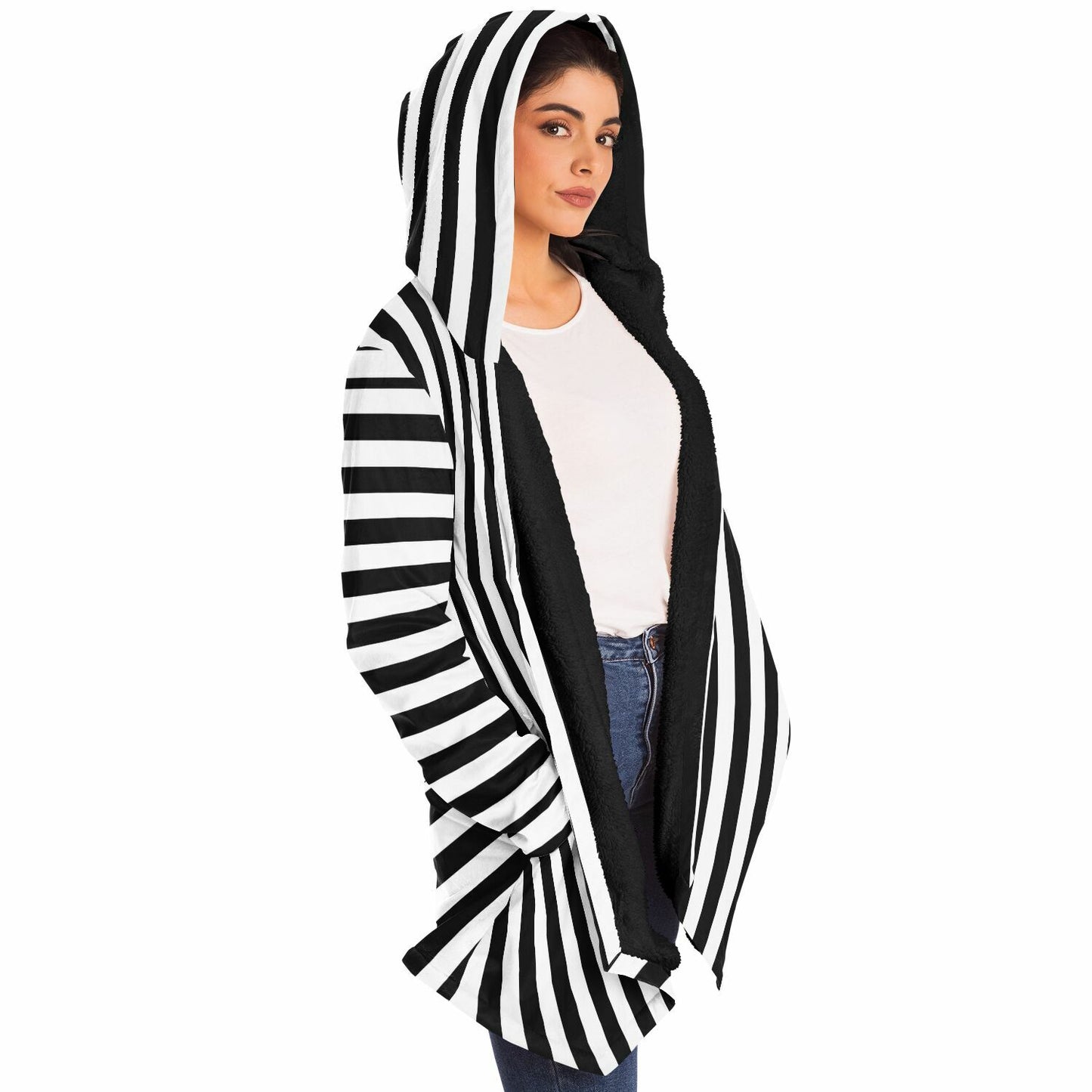 Black White Stripes Fleece Lined Hooded Cloak