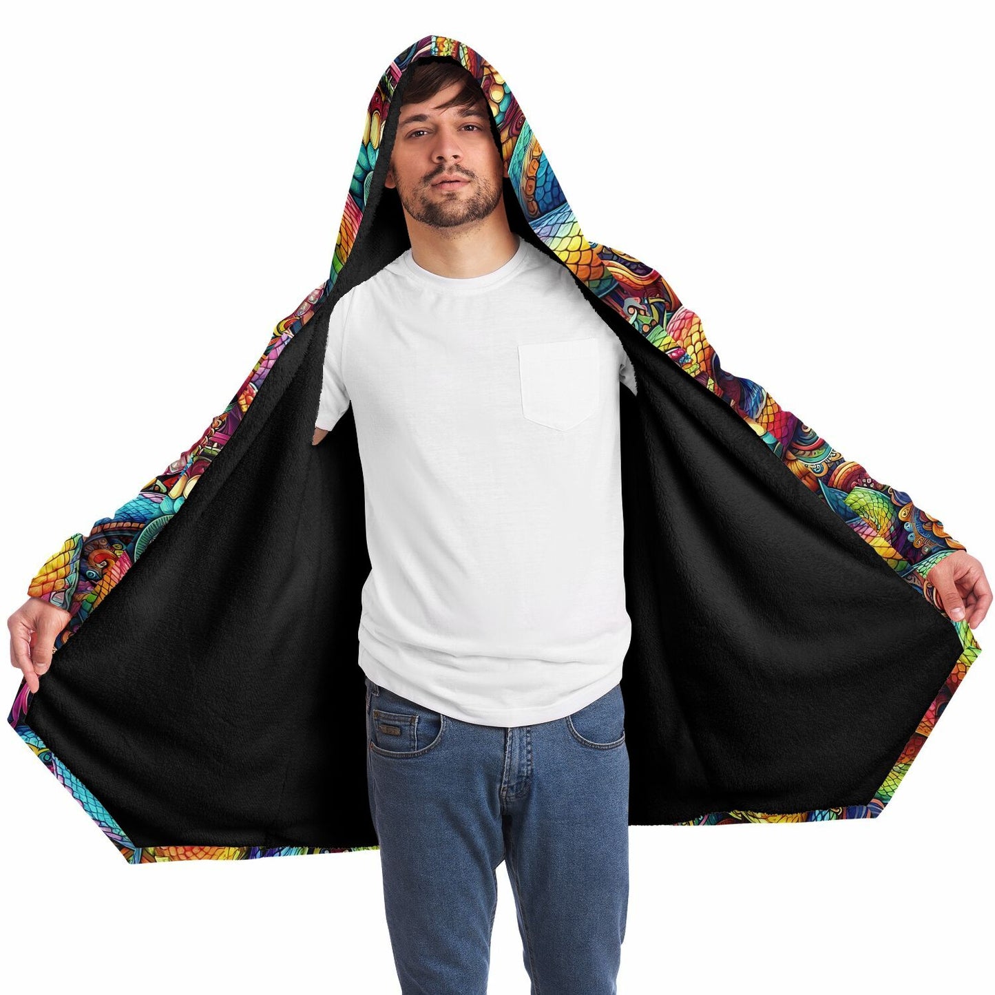 Psychedelic Rainbow Snakes Fleece Lined Hooded Cloak
