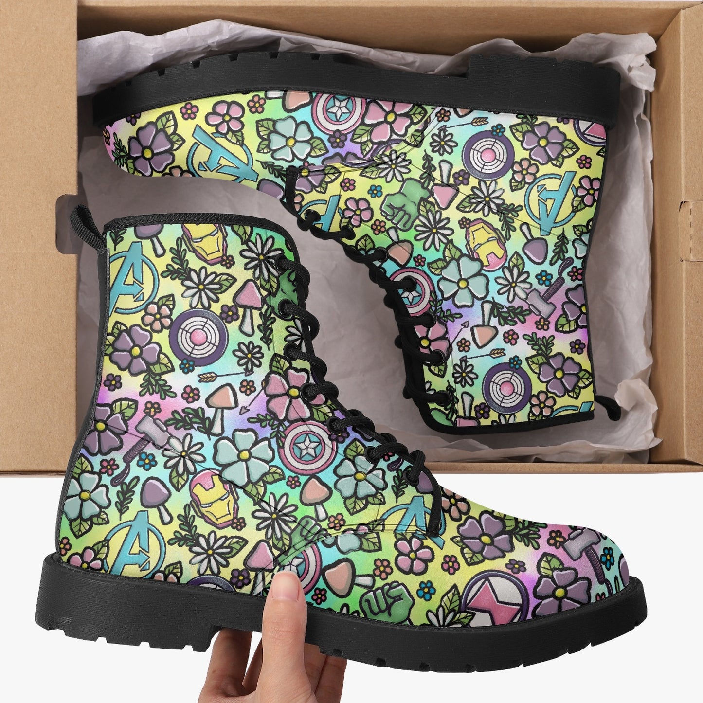Pastel Avengers Floral Cottagecore Leather Combat Boots