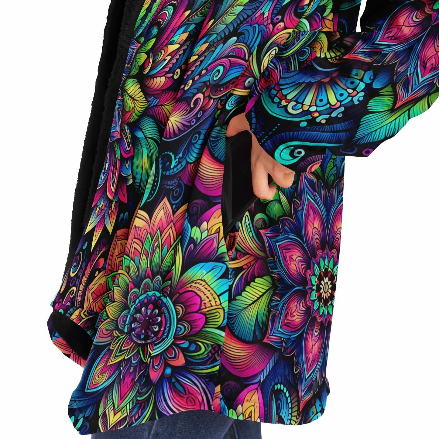 Psychedelic Etched Floral Fleece Lined Hooded Cloak