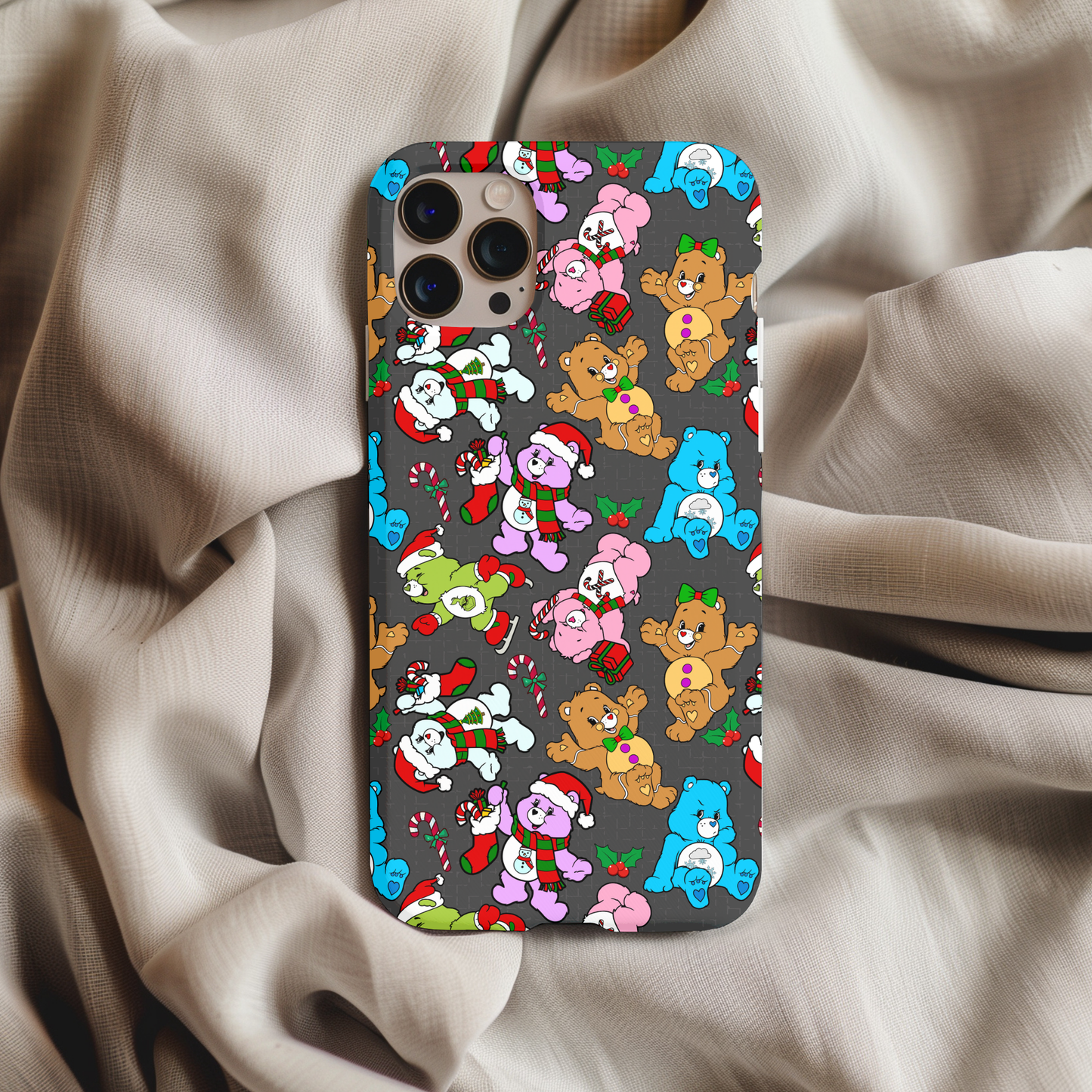 Christmas Care Bears Phone Case featuring colorful bears with holiday hats and candy canes on a dark background