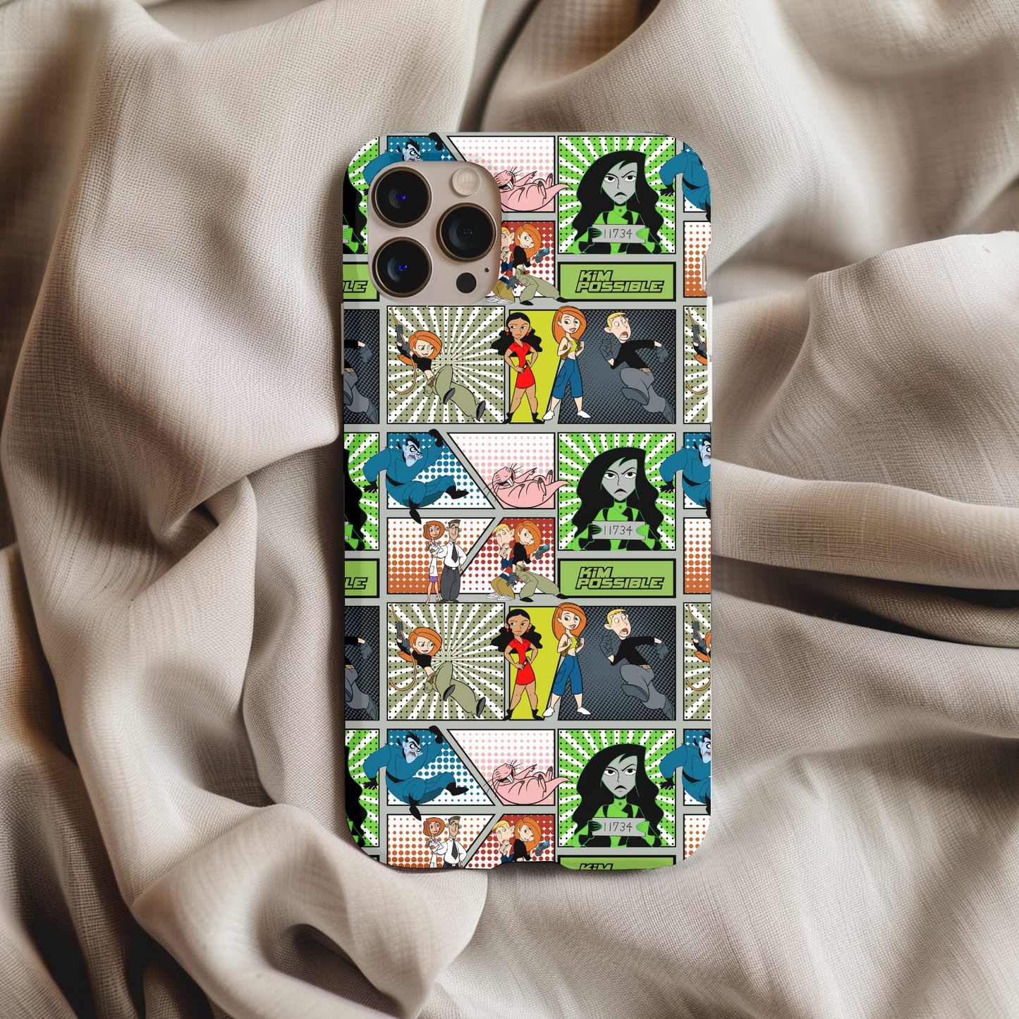 Kim Possible Patchwork Phone Case featuring colorful comic-style illustrations of characters and action scenes on a smartphone case