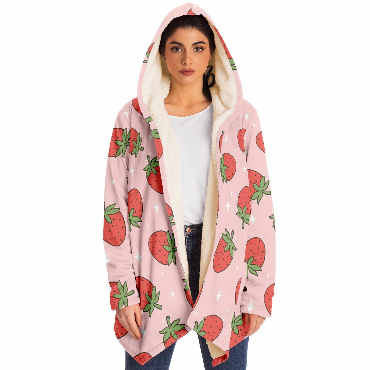 Red Pink Strawberries Fleece Lined Hooded Cloak