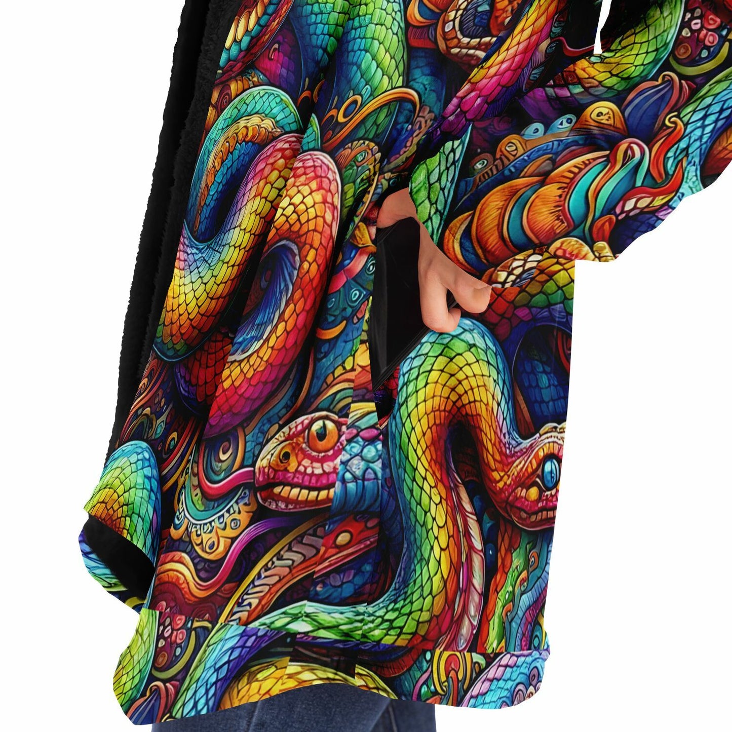 Psychedelic Rainbow Snakes Fleece Lined Hooded Cloak