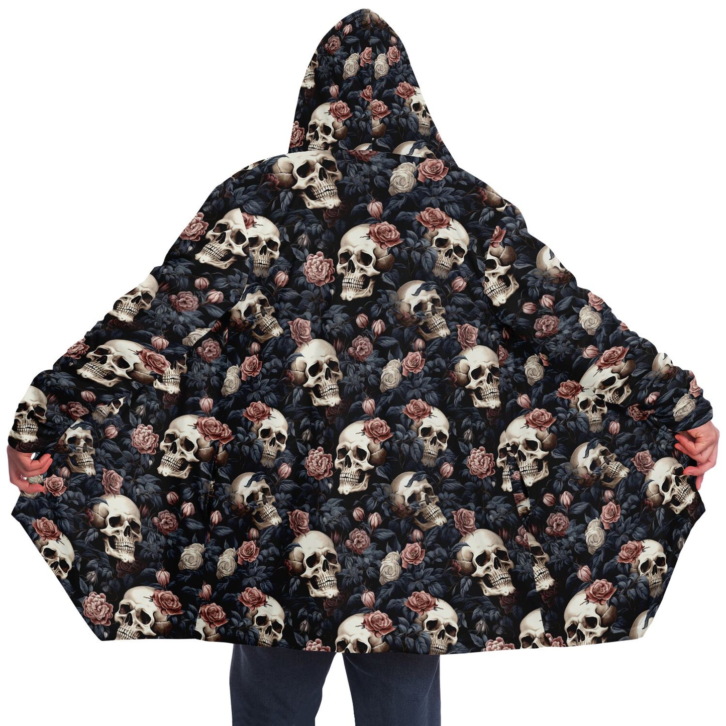 Gothic Skulls Pink Floral Fleece Lined Hooded Cloak