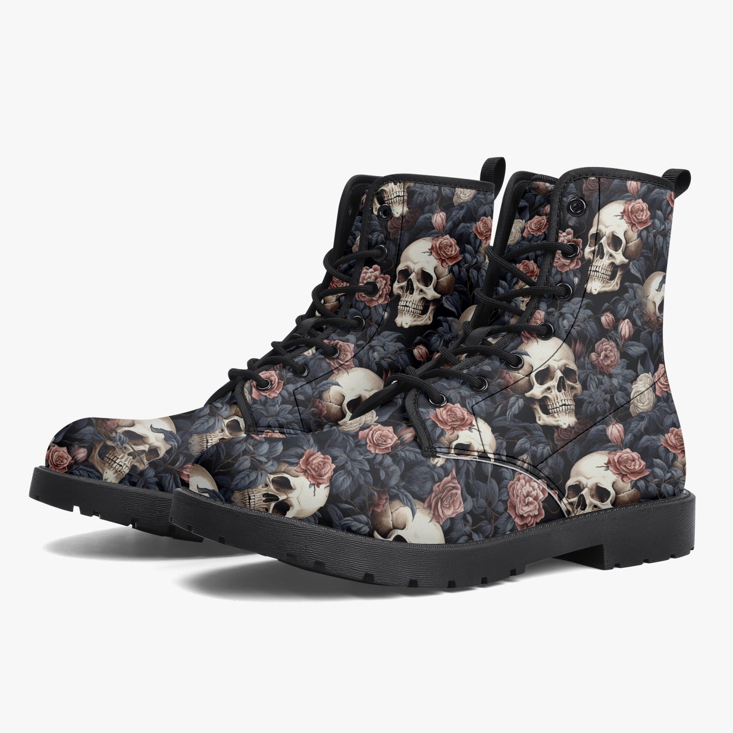 Gothic Skulls Pink Floral Leather Combat Boots