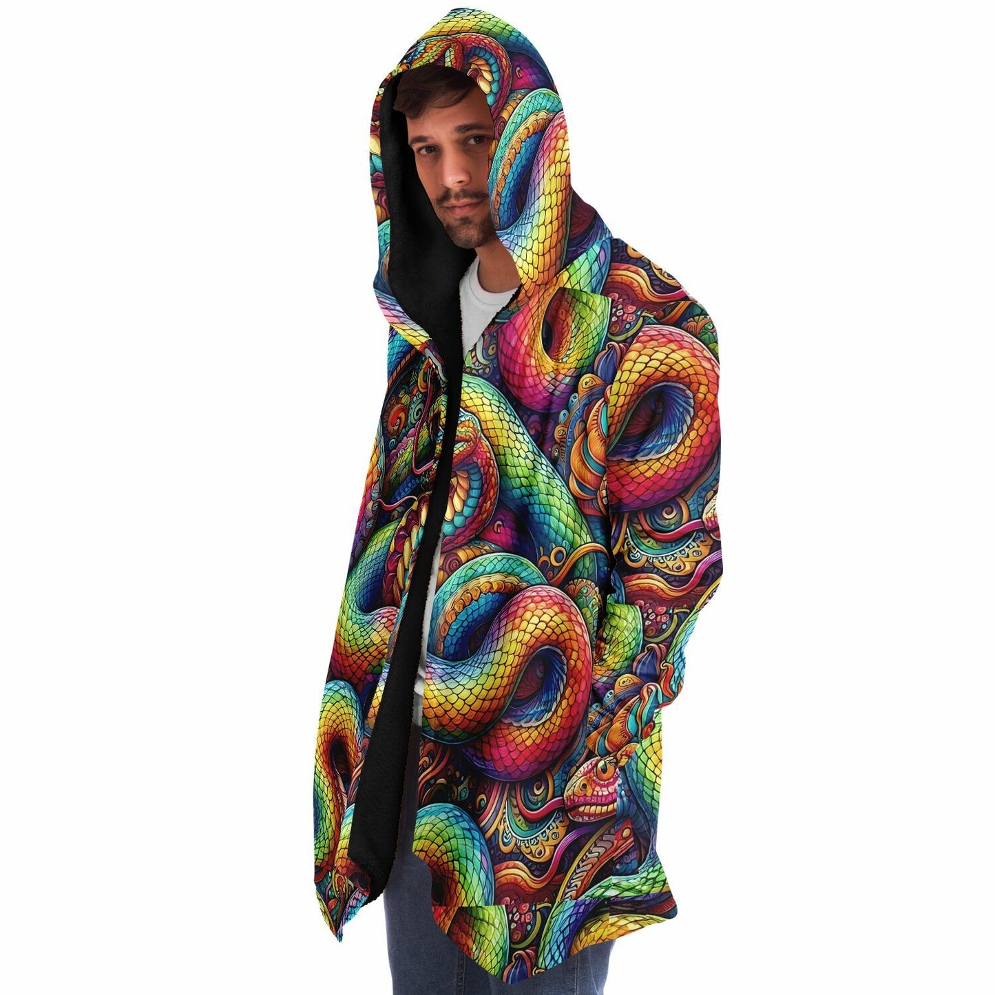 Psychedelic Rainbow Snakes Fleece Lined Hooded Cloak