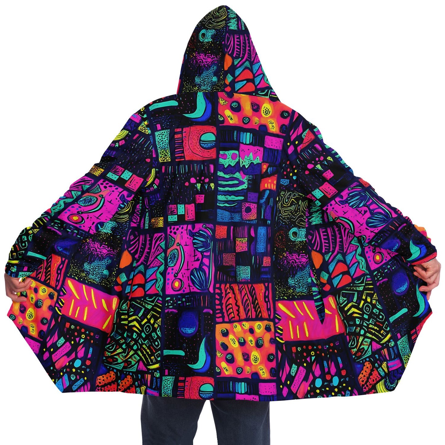 Psychedelic Trippy Patchwork Fleece Lined Hooded Cloak