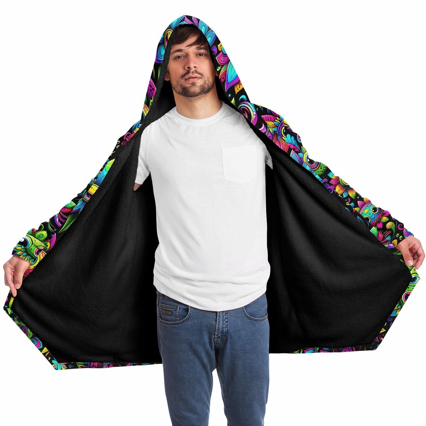 Psychedelic Happy Funny Flowers Fleece Lined Hooded Cloak