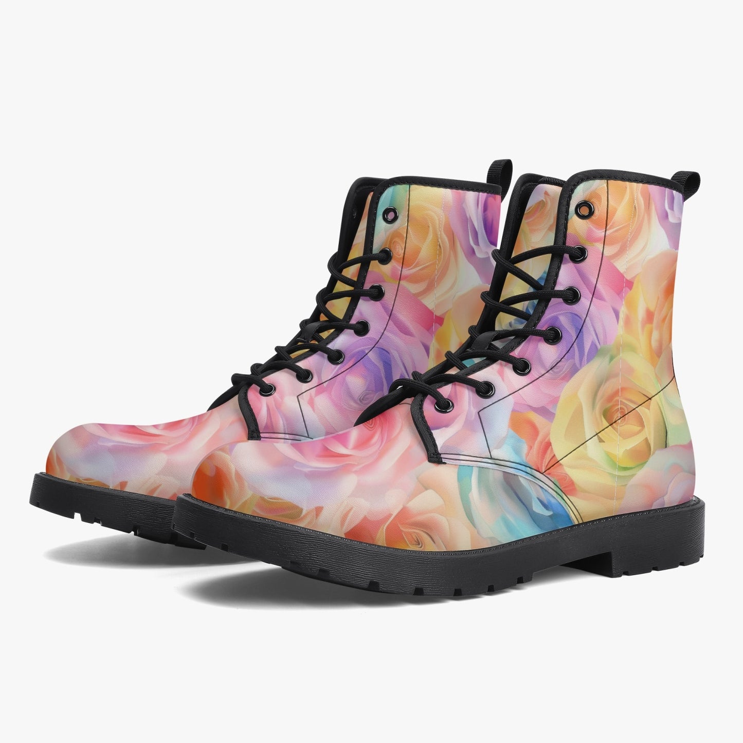 Watercolor Floral Leather Combat Boots
