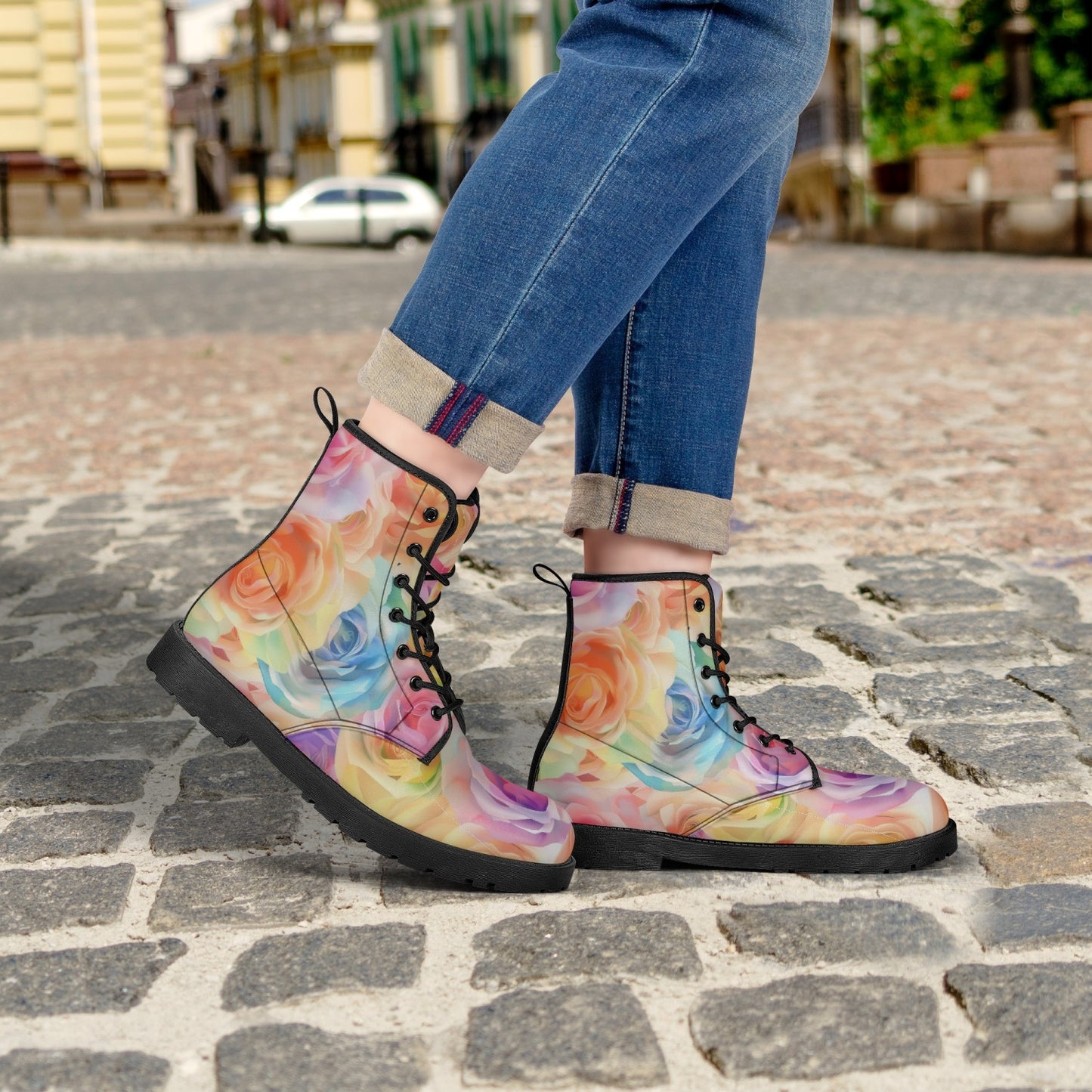 Watercolor Floral Leather Combat Boots