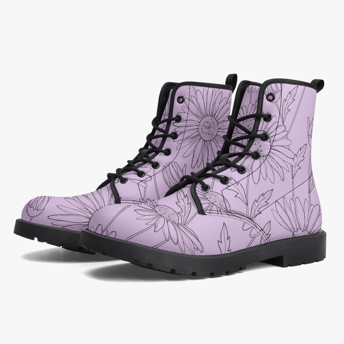 Light Purple Floral Leather Combat Boots