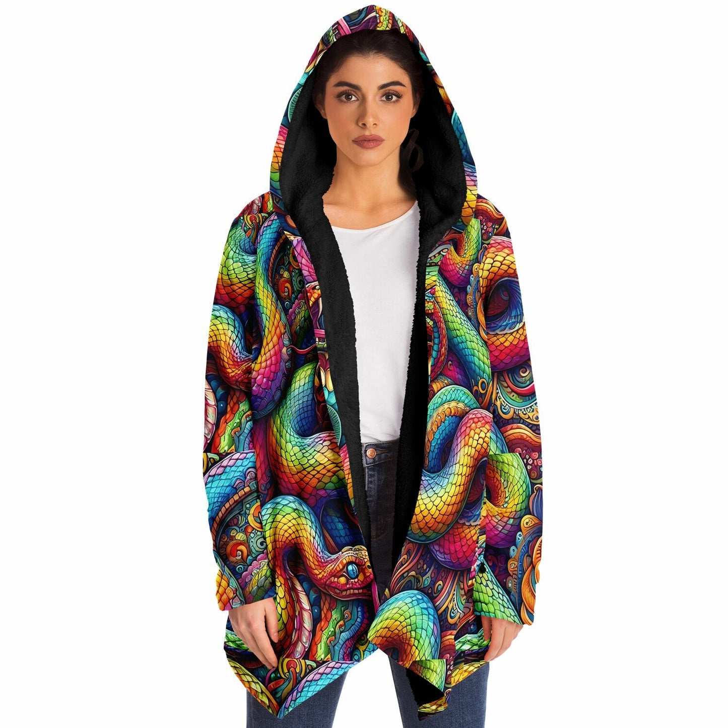 Psychedelic Rainbow Snakes Fleece Lined Hooded Cloak