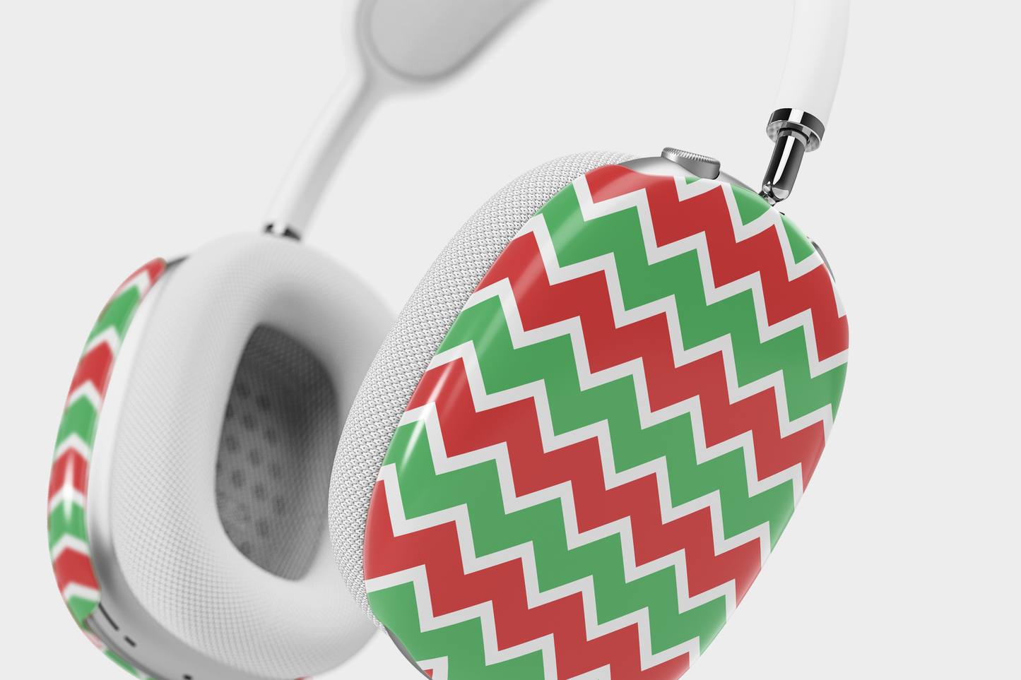 Christmas Chevron AirPods Max Case with red and green chevron pattern on white headphones ear cups