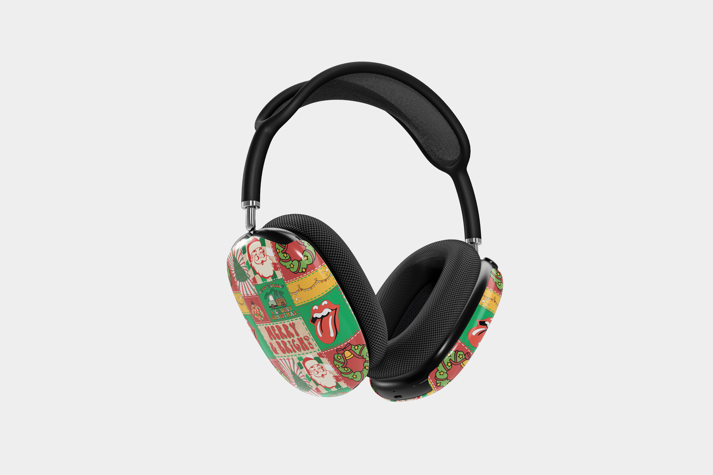 Groovy Christmas Airpods Max Case featuring festive holiday designs and vibrant colors on headphones.