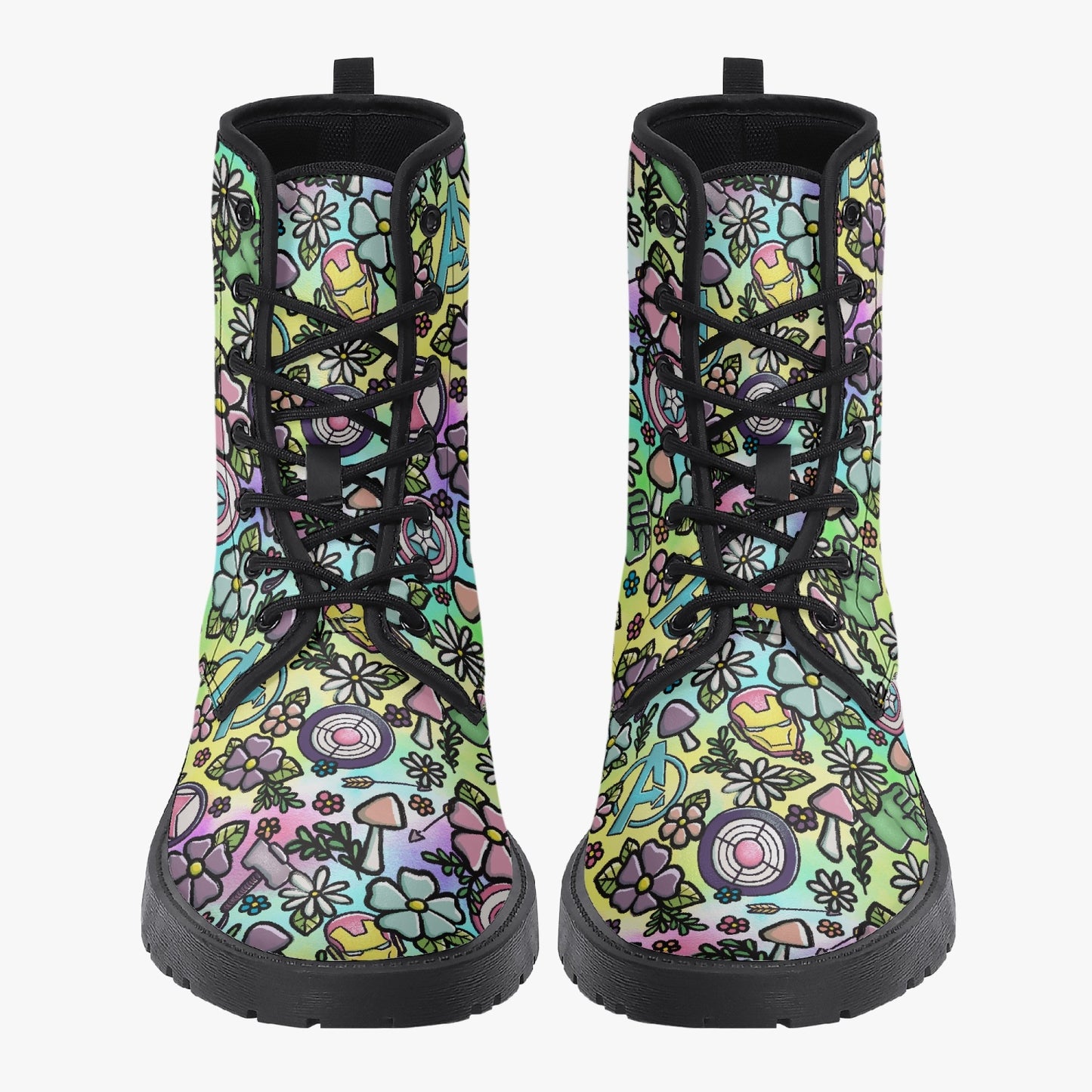 Pastel Avengers Floral Cottagecore Leather Combat Boots