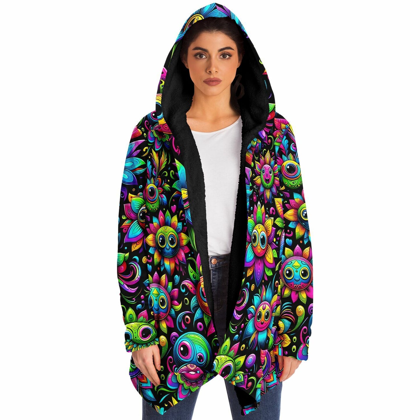 Psychedelic Happy Funny Flowers Fleece Lined Hooded Cloak