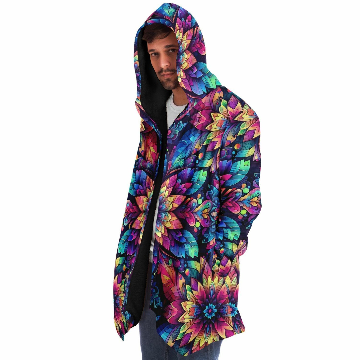 Psychedelic Concentric Floral Fleece Lined Hooded Cloak