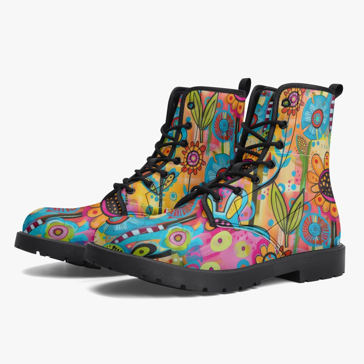 Floral Artwork Leather Combat Boots