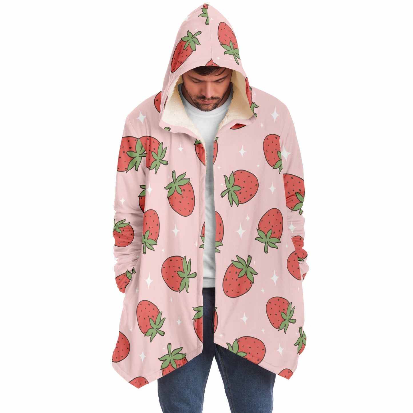 Red Pink Strawberries Fleece Lined Hooded Cloak