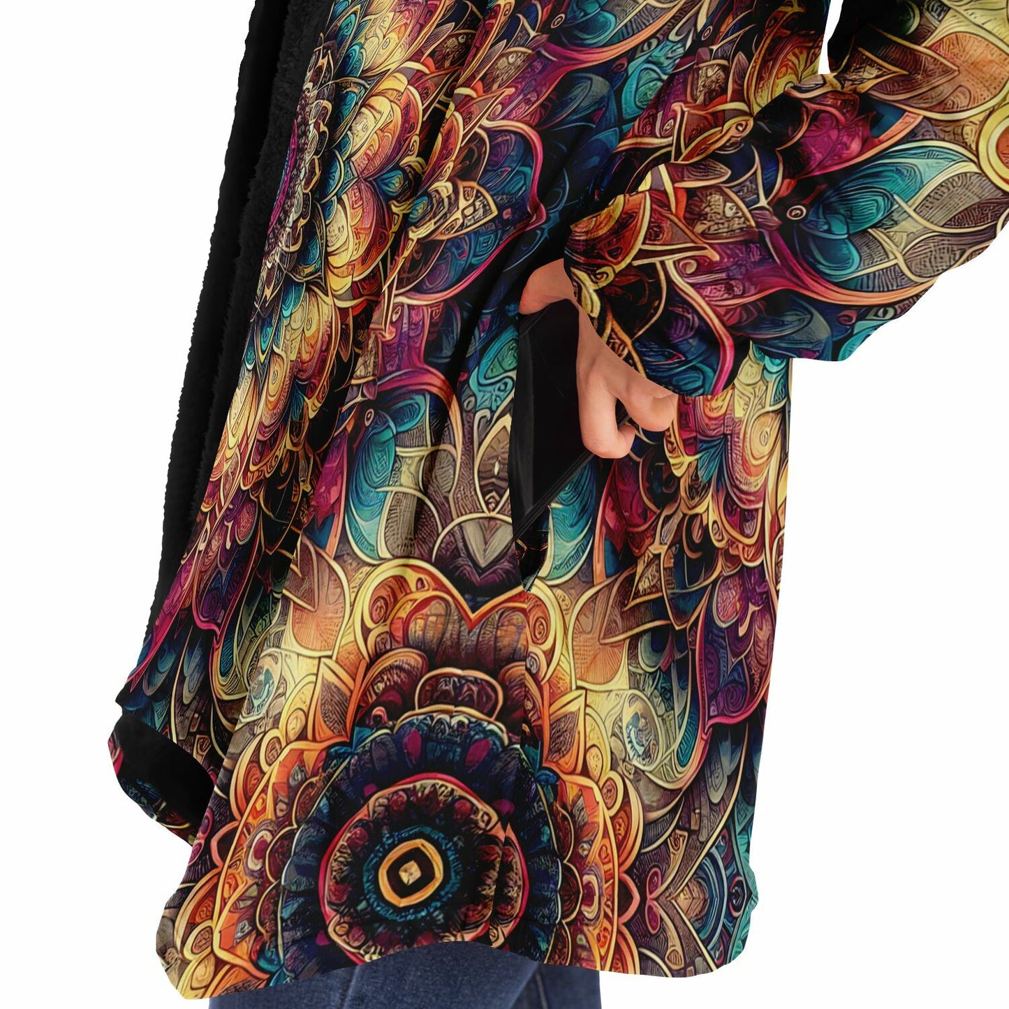 Psychedelic Floral Mandala Fleece Lined Hooded Cloak