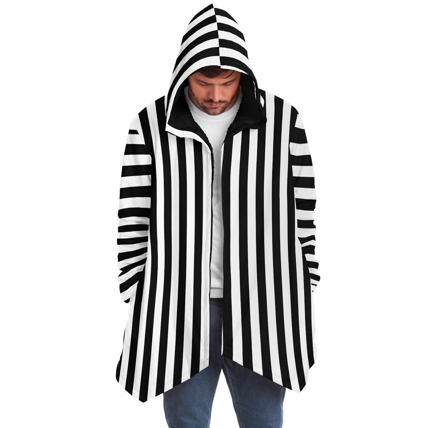 Black White Stripes Fleece Lined Hooded Cloak
