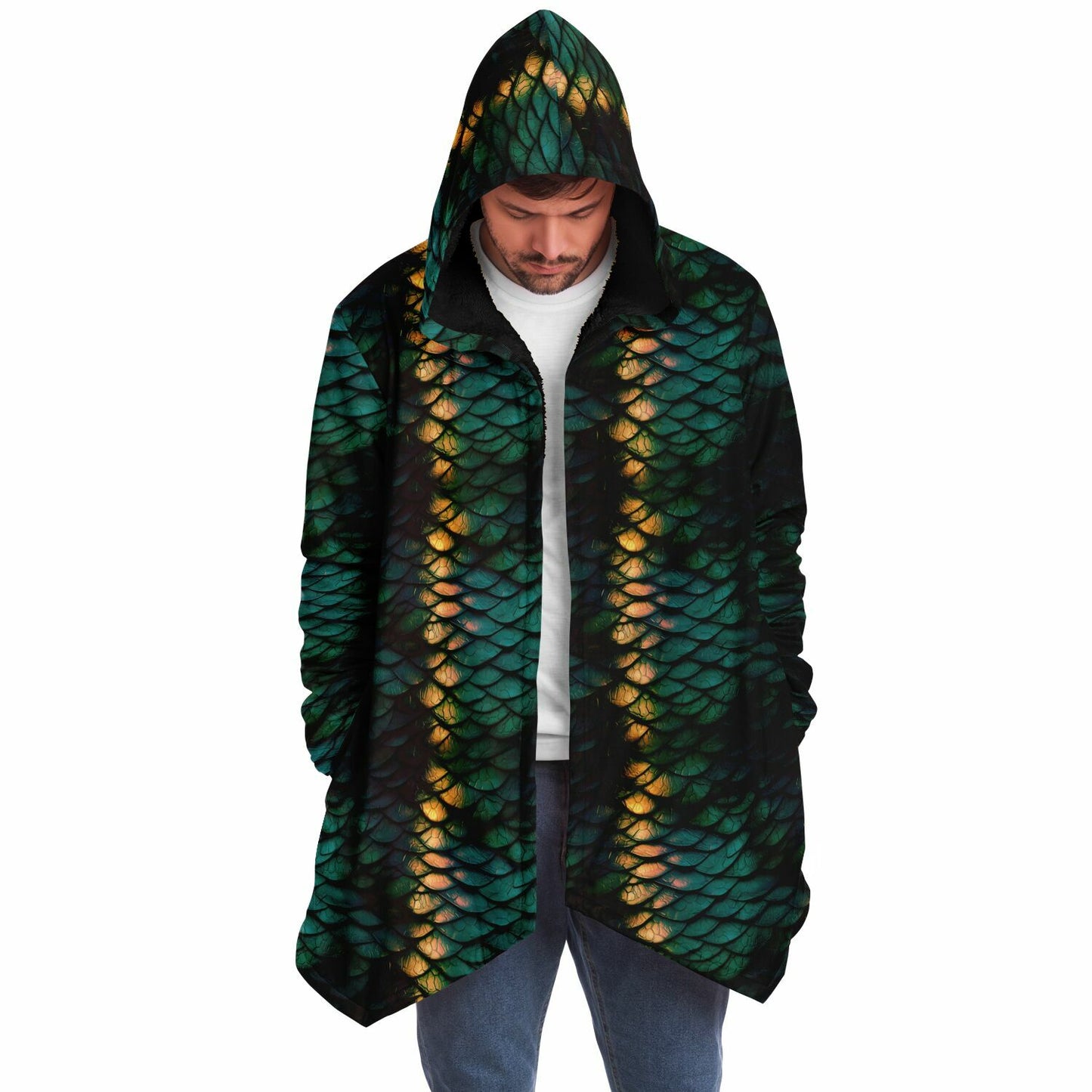 Green Dragon Scales Fleece Lined Hooded Cloak
