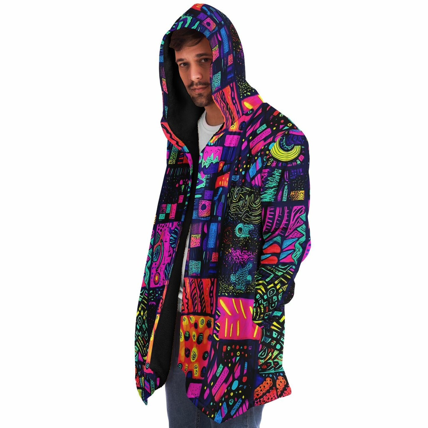 Psychedelic Trippy Patchwork Fleece Lined Hooded Cloak