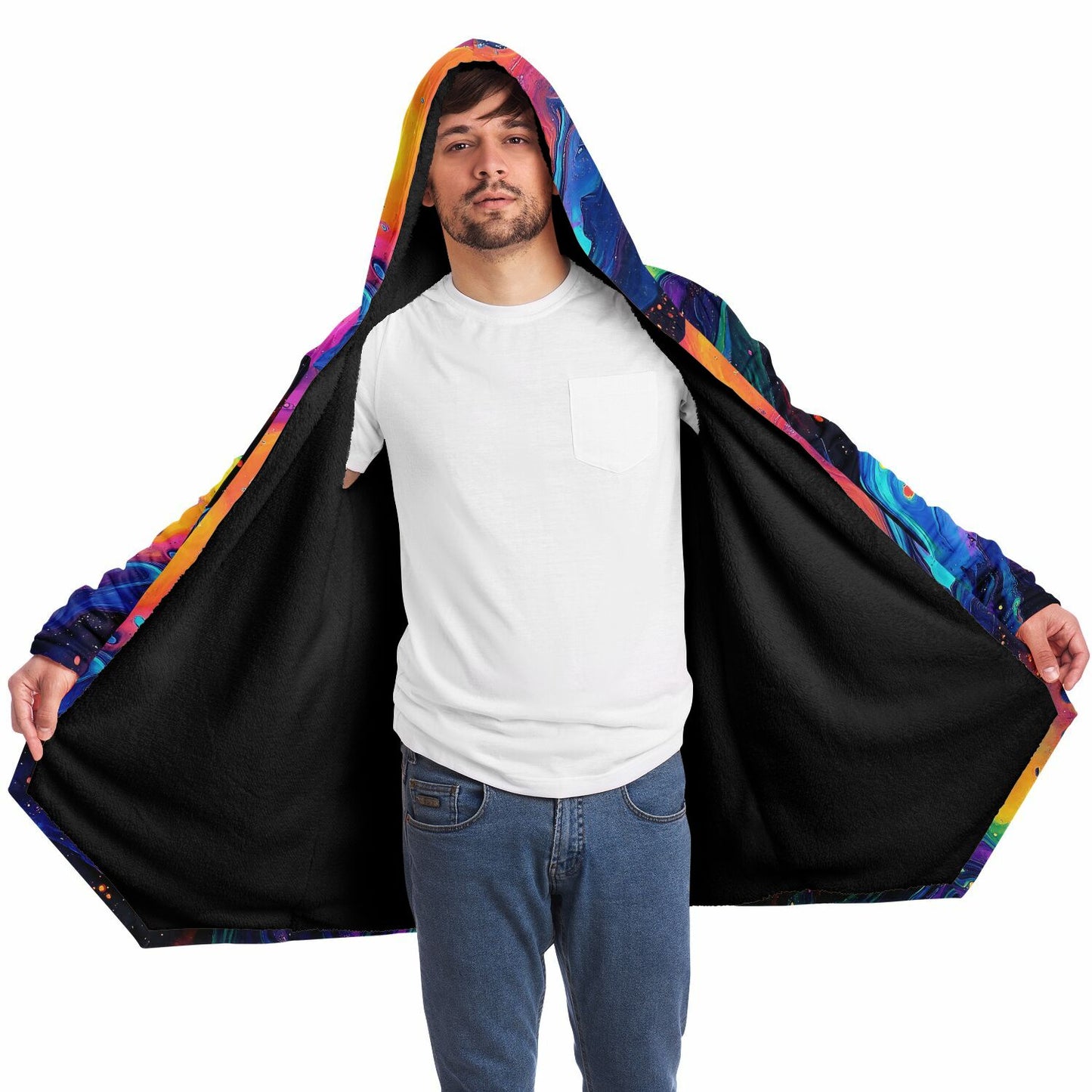 Psychedelic Liquid Splash Fleece Lined Hooded Cloak