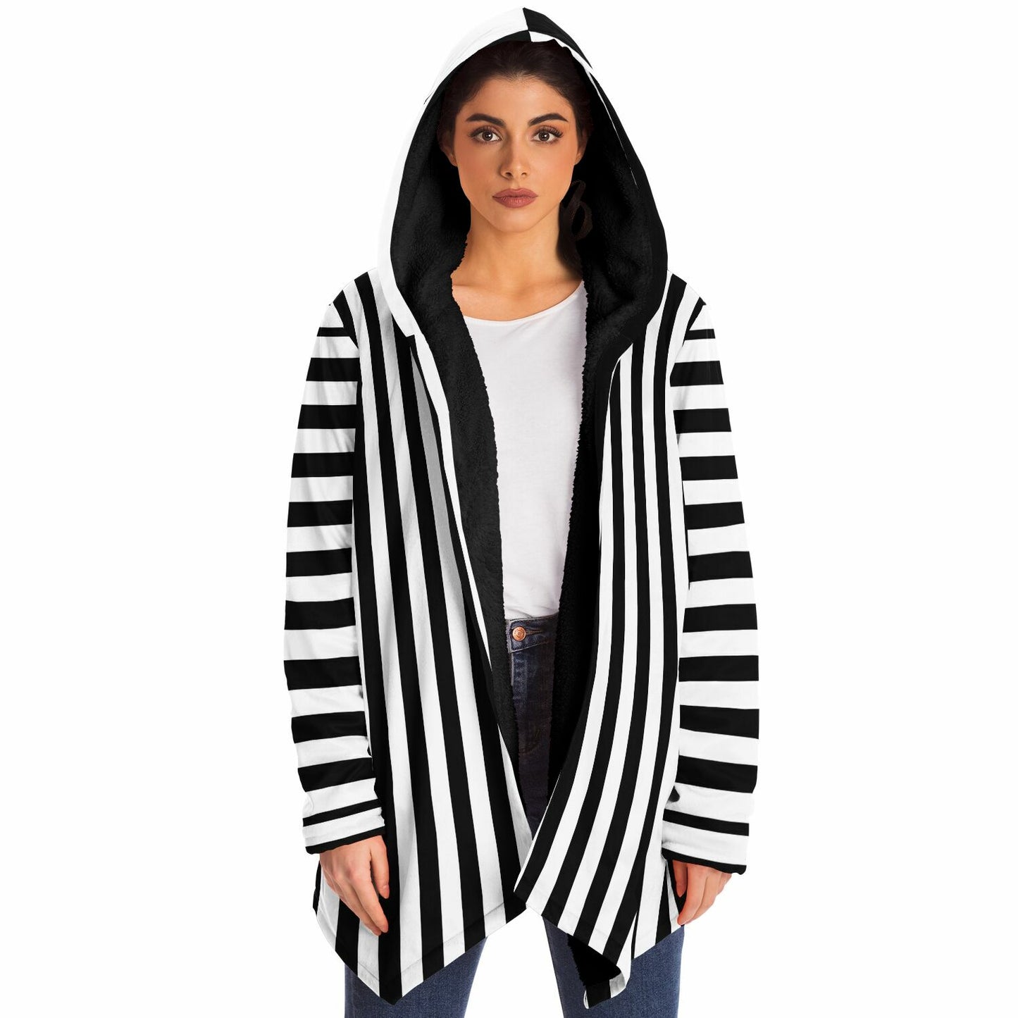 Black White Stripes Fleece Lined Hooded Cloak