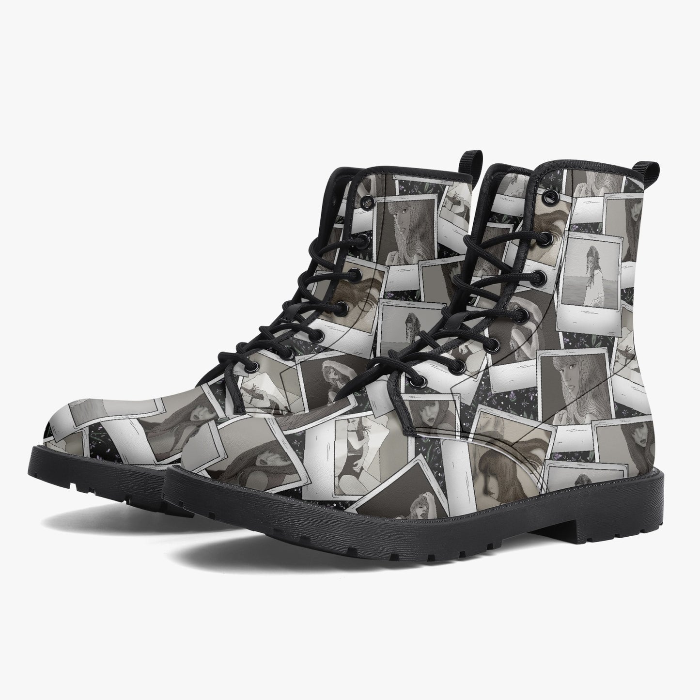 Black White TSwift Polaroids Leather Combat Boots