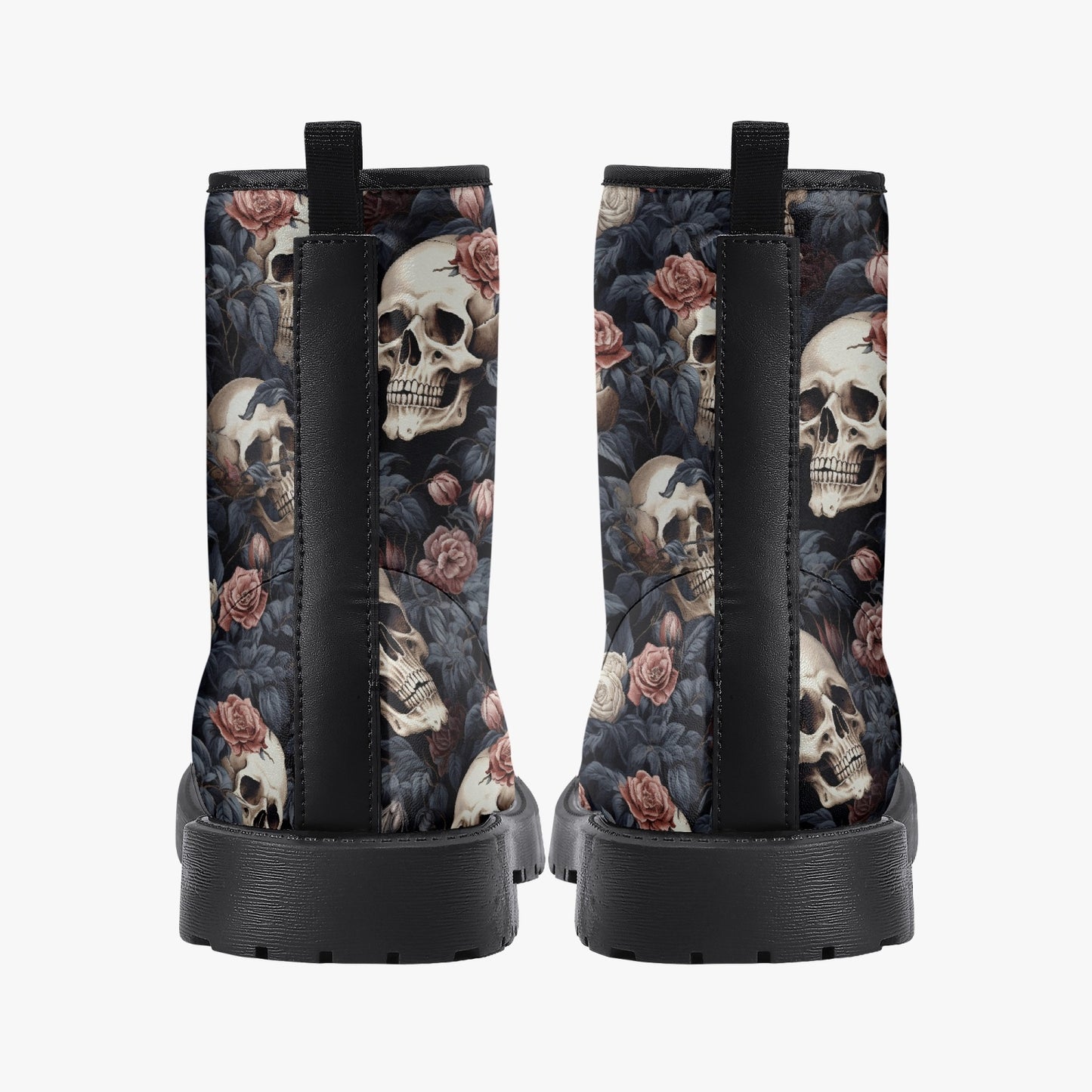 Gothic Skulls Pink Floral Leather Combat Boots