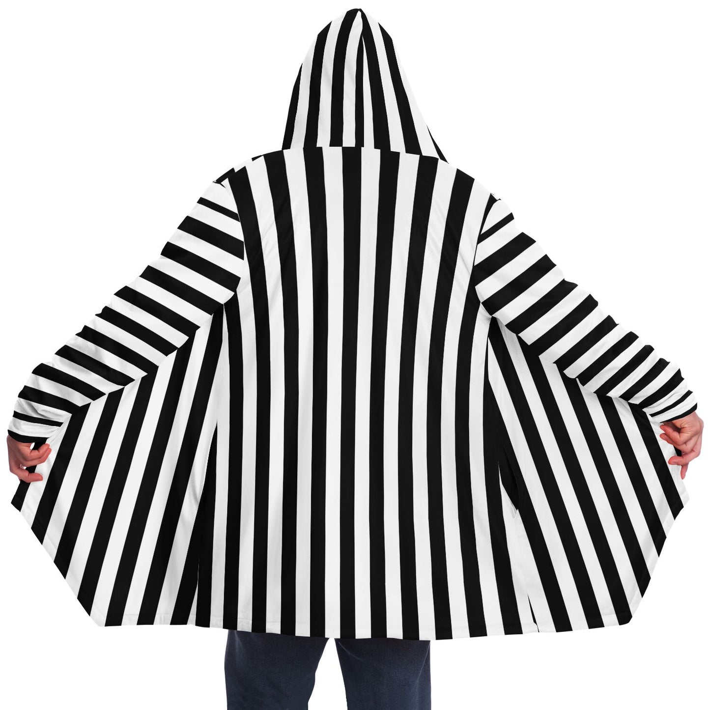 Black White Stripes Fleece Lined Hooded Cloak