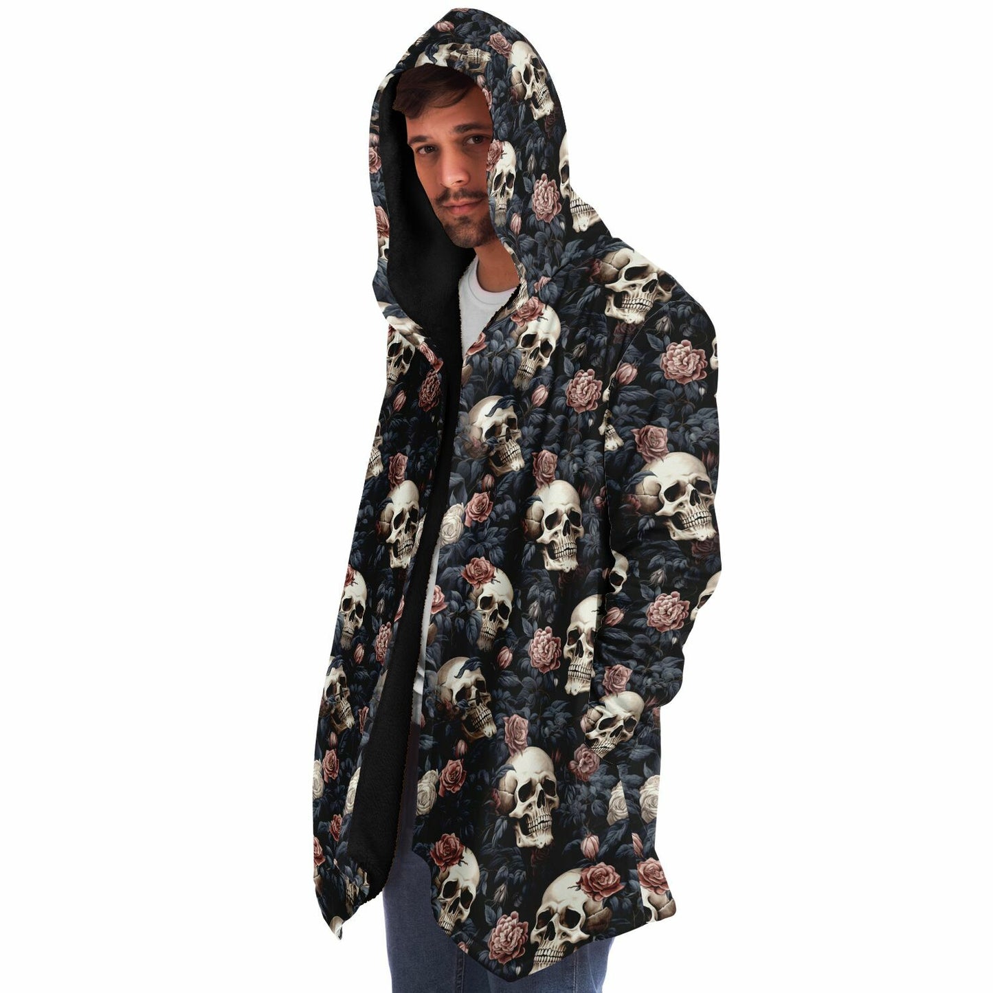 Gothic Skulls Pink Floral Fleece Lined Hooded Cloak