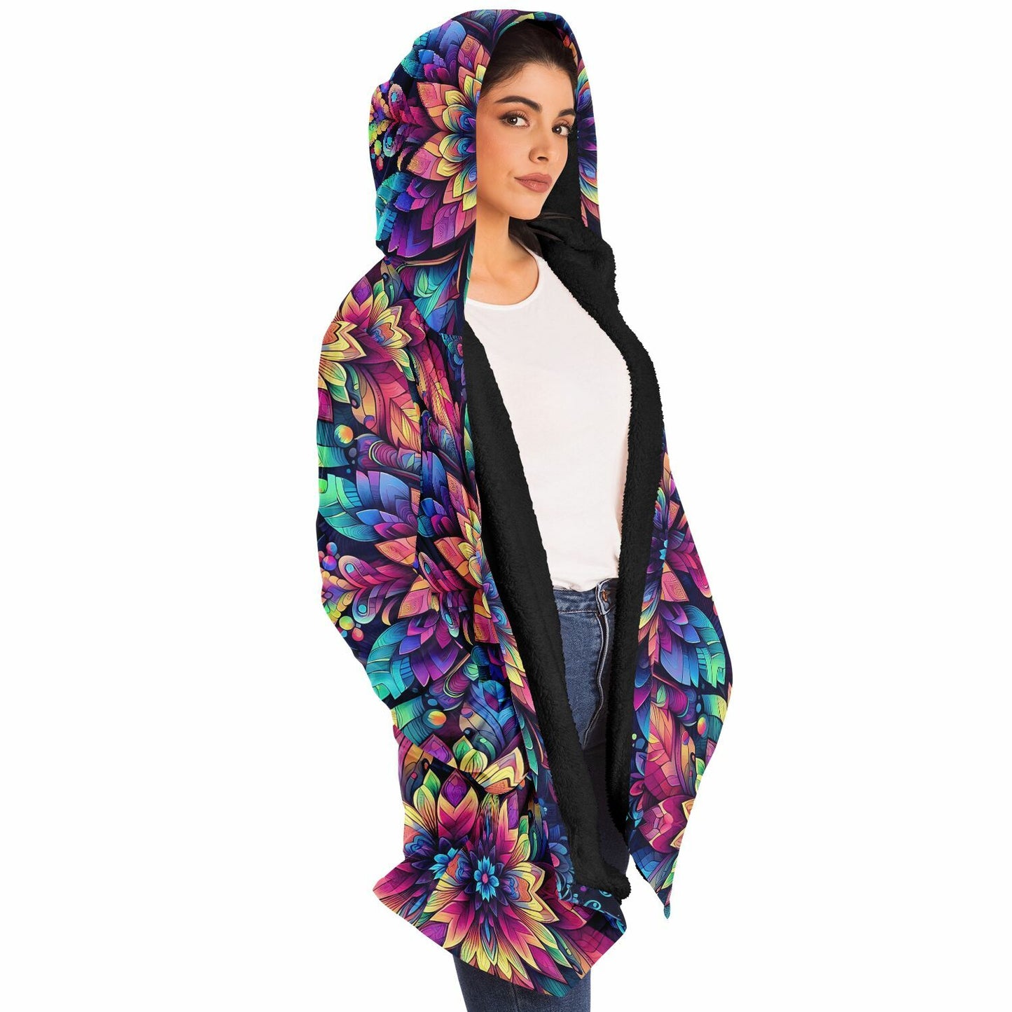 Psychedelic Concentric Floral Fleece Lined Hooded Cloak