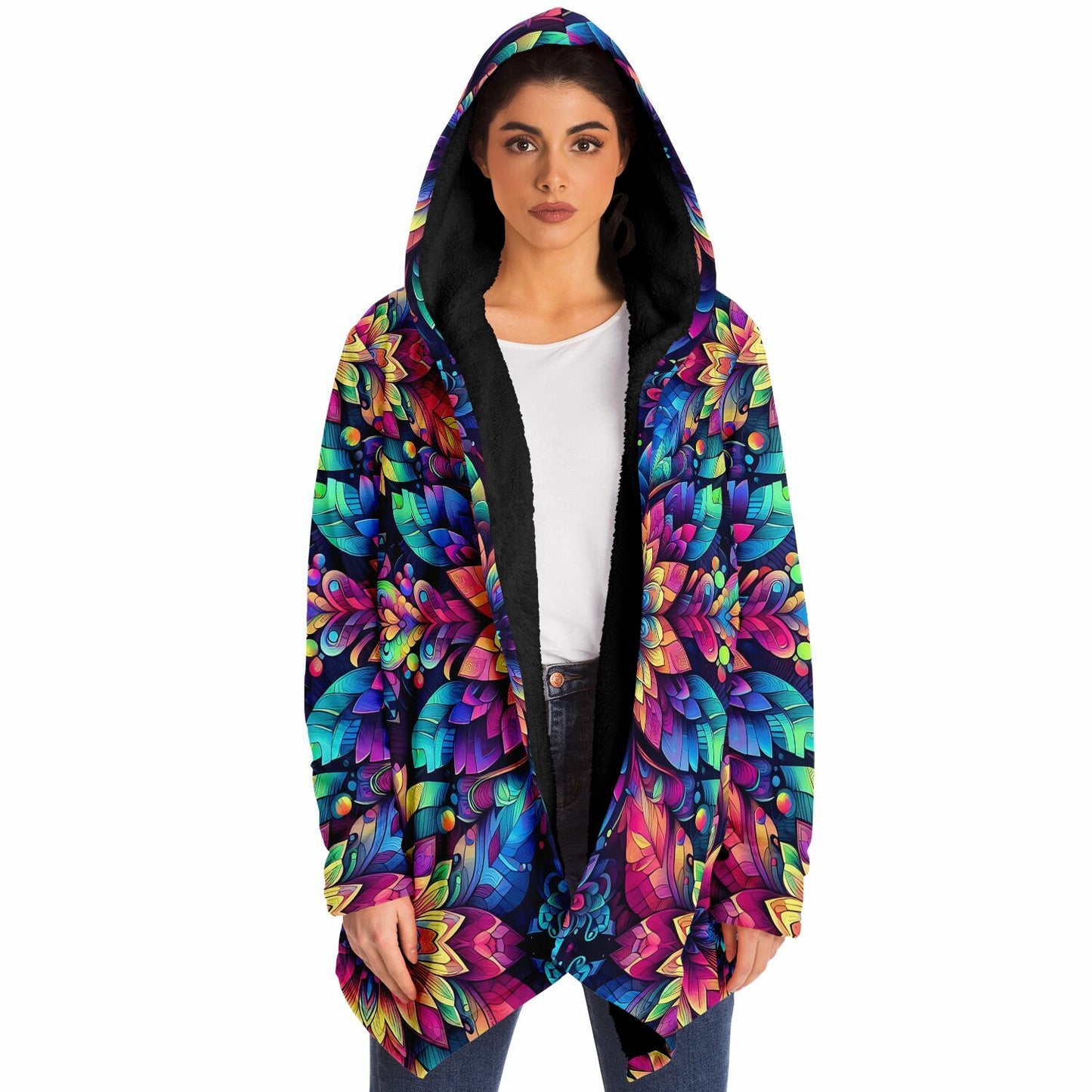 Psychedelic Concentric Floral Fleece Lined Hooded Cloak